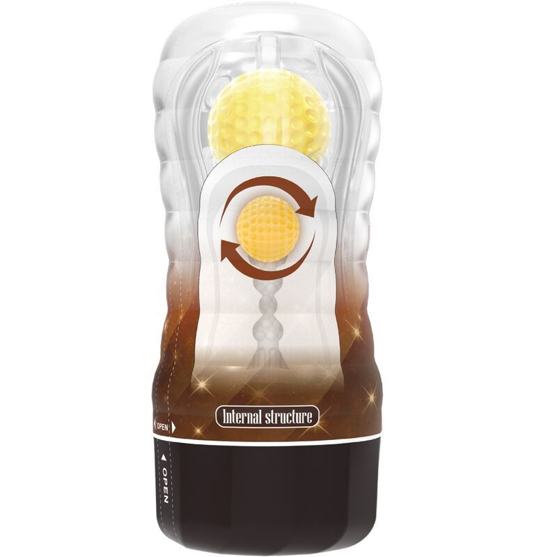 Vakuum-Cup-Masturbator. Transparentes Gehäuse, brauner Sockel. Gelber Einsatz. Text: VACUUM CUP MASTURBATOR, Stellar, PRETTY LOVE.