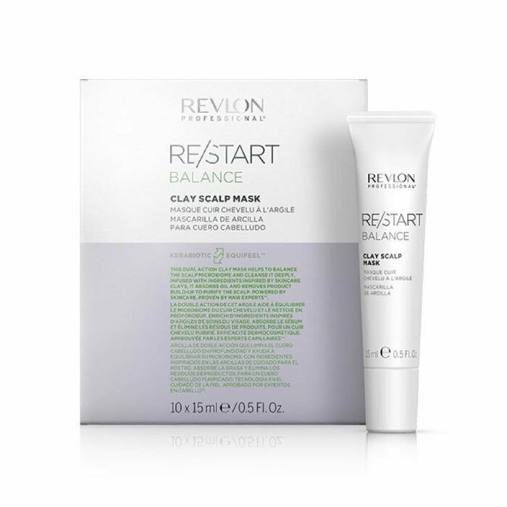 Verpackung und Tube. Aufschrift: Revlon Professional, Re/Start Balance Clay Scalp Mask. 10 x 15 ml.