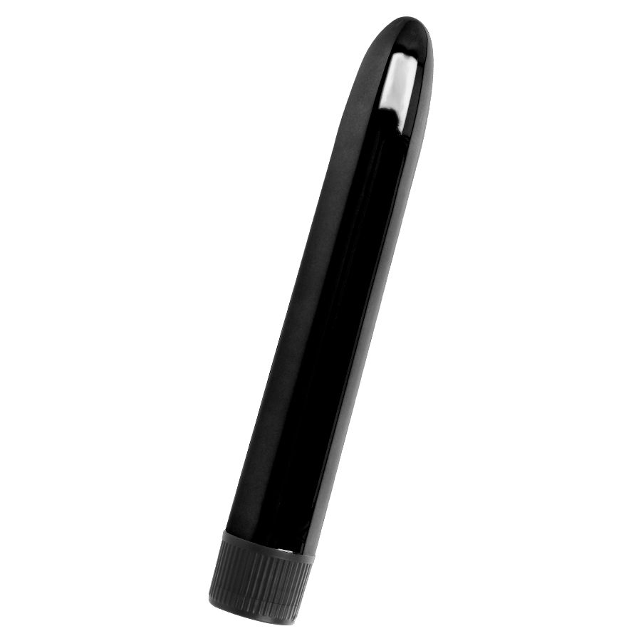 Schwarzer Vibrator mit konischer Form. Glatte Oberfläche, geriffelter Sockel.