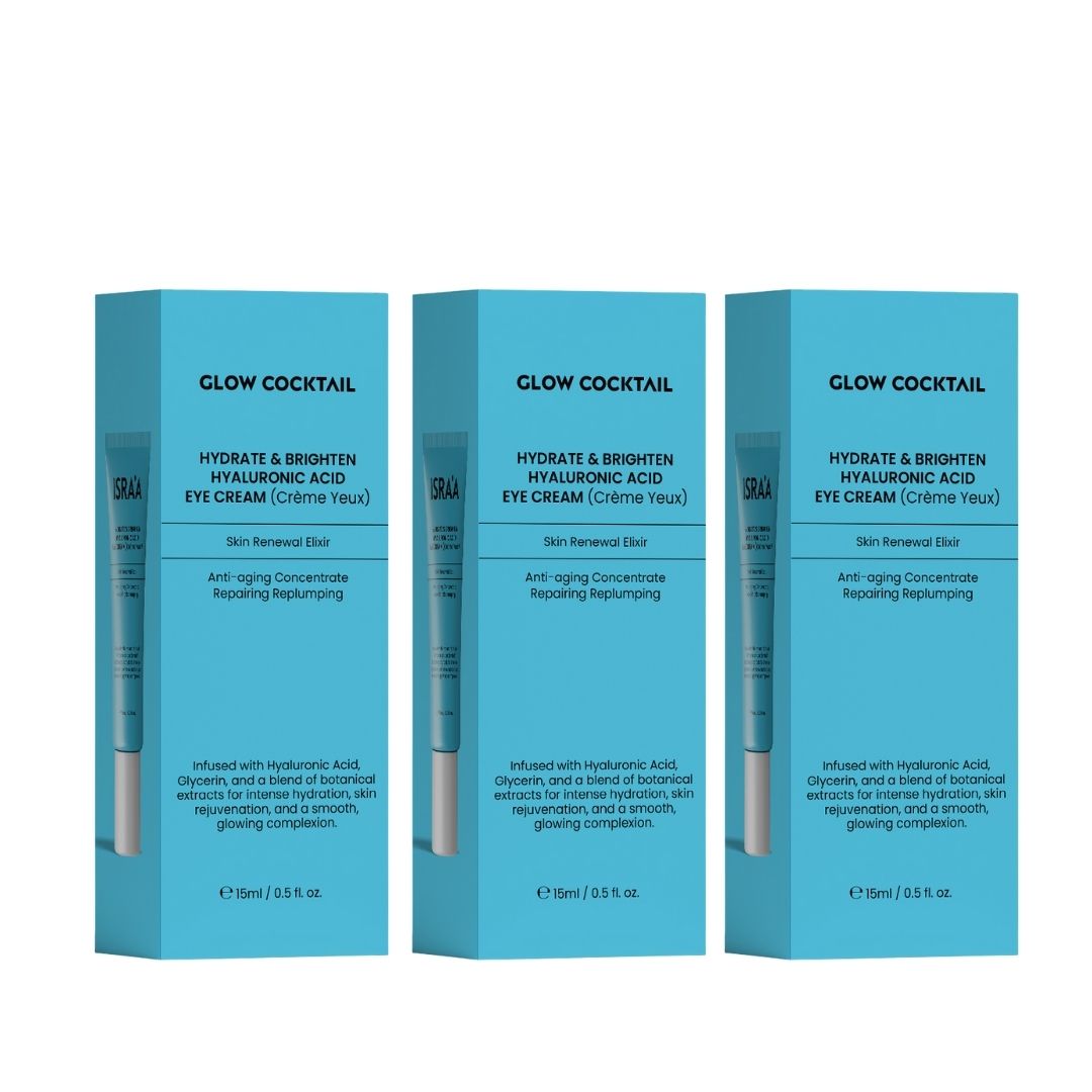Drei Schachteln. Aufschrift: Glow Cocktail, Hydrate & Brighten Hyaluronic Acid Eye Cream. Hellblaue Verpackung.