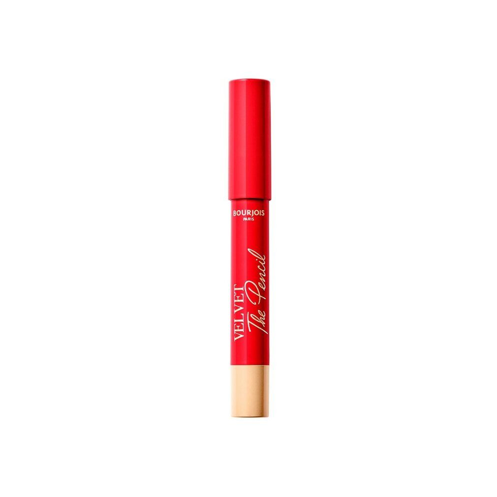 Roter Bourjois Velvet The Pencil Lippenstift. Mit roter Kappe und Schriftzug. Unterteil in Hautfarbe.