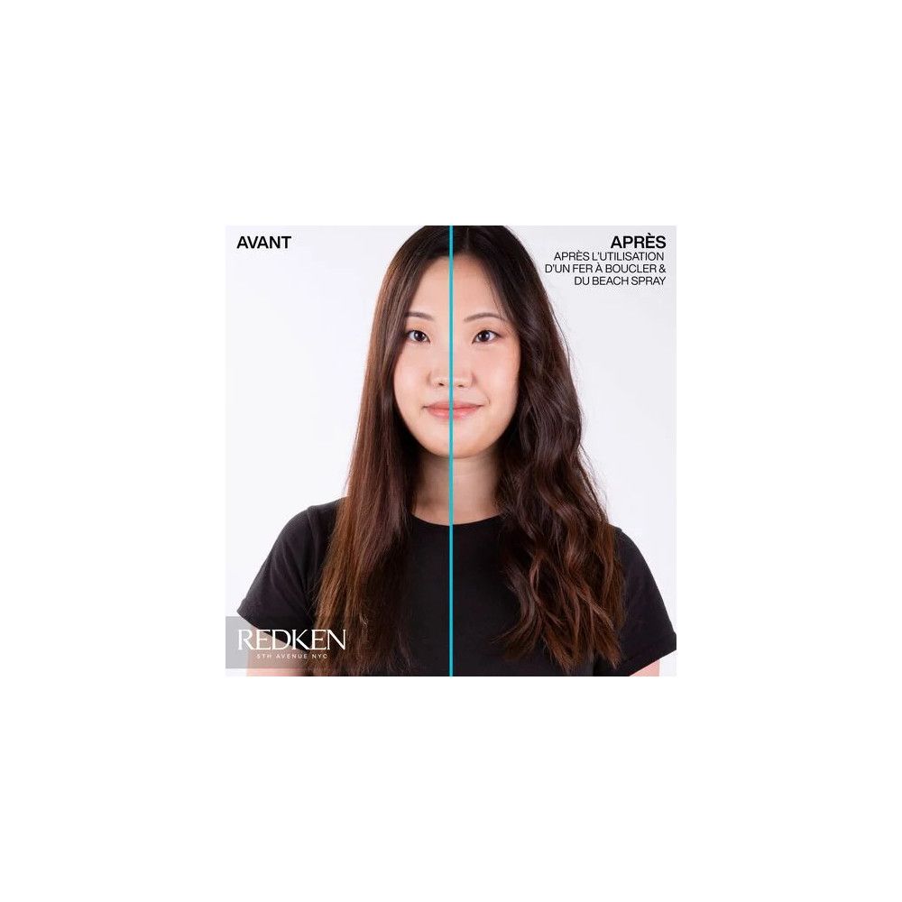 Gesicht einer Frau, links glattes Haar, rechts gewelltes Haar. Text: Redken, Avant, Après. Text: Après l'utilisation d'un boucler & du beach spray.