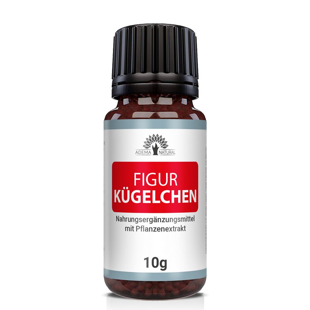 Braune Glasflasche mit schwarzem Deckel. Rotes Etikett mit weißer Schrift: Figur Kügelchen, 10g. Nahrungsergänzungsmittel.