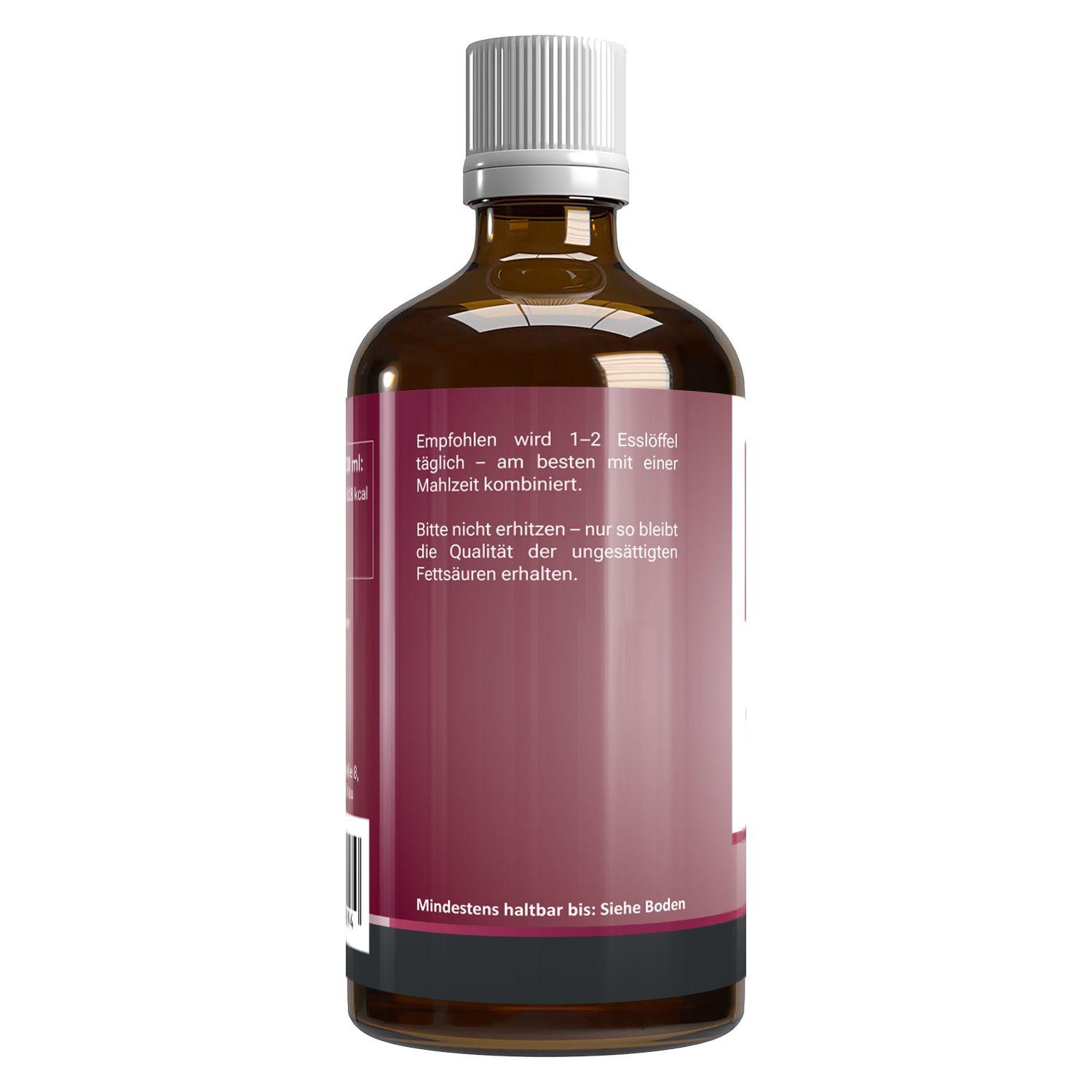 Rückseite der braunen Glasflasche mit weißem Deckel. Text: Empfohlene Dosierung, Hinweise zur Erhitzung. Mindesthaltbarkeit.