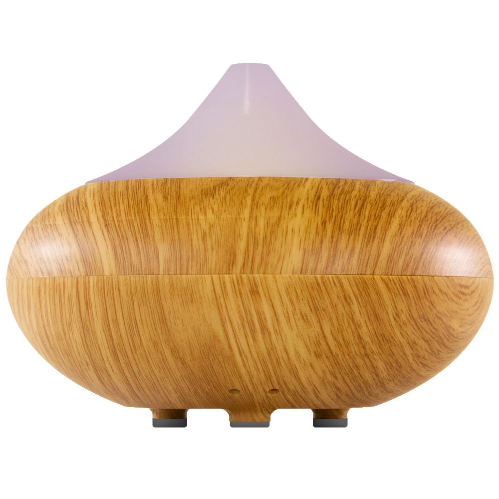 Holz-Aroma-Diffusor mit hellem Deckel. Holzmaserung, Tropfenform, drei Füße. Oberteil aus hellem Kunststoff.