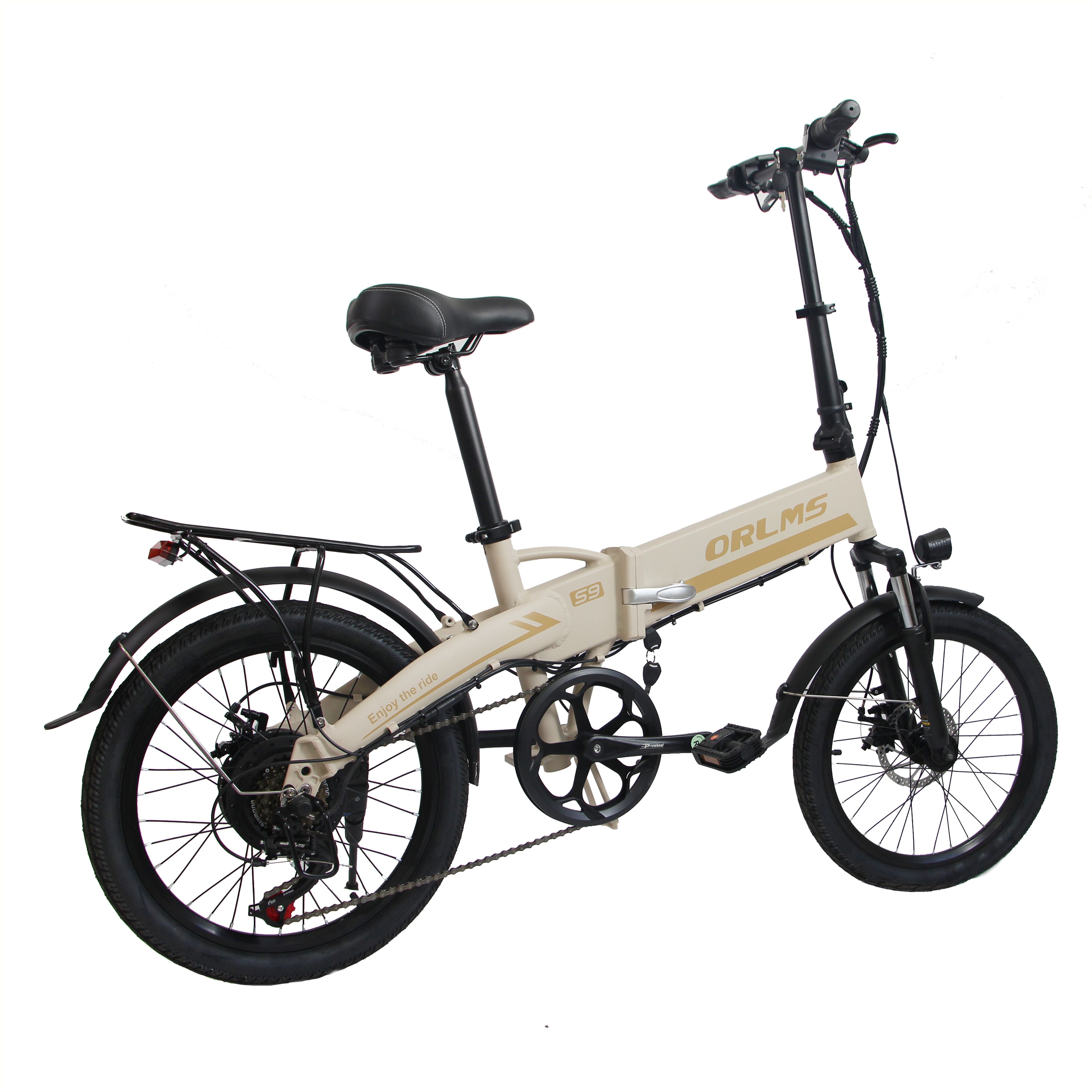 Faltbares E-Bike, beige-schwarz. ORLMS S9 Schriftzug. Gepäckträger, Schutzbleche, Sattel. 20-Zoll-Räder. Seitenansicht.