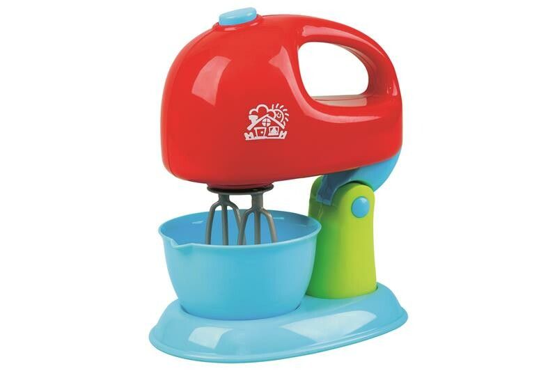 Roter Spielzeug-Küchenmixer mit blauer Schüssel und grüner Basis. Mixer mit Schneebesen.