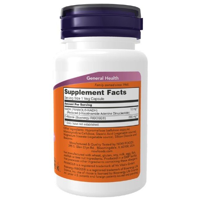 Now Foods NADH 10 mg Supplement Facts: 60 Veg-Kapseln, 10 mg NADH, 200 mg D-Ribose.