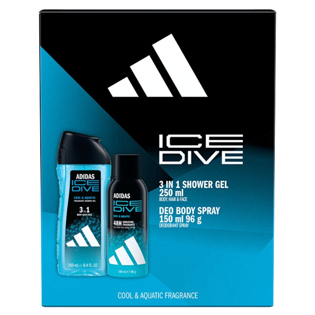 Adidas Ice Dive Geschenkset. Enthält Duschgel und Deodorant-Spray. Schwarze Verpackung mit Adidas-Logo und Ice Dive-Schriftzug. Blaue Flaschen.