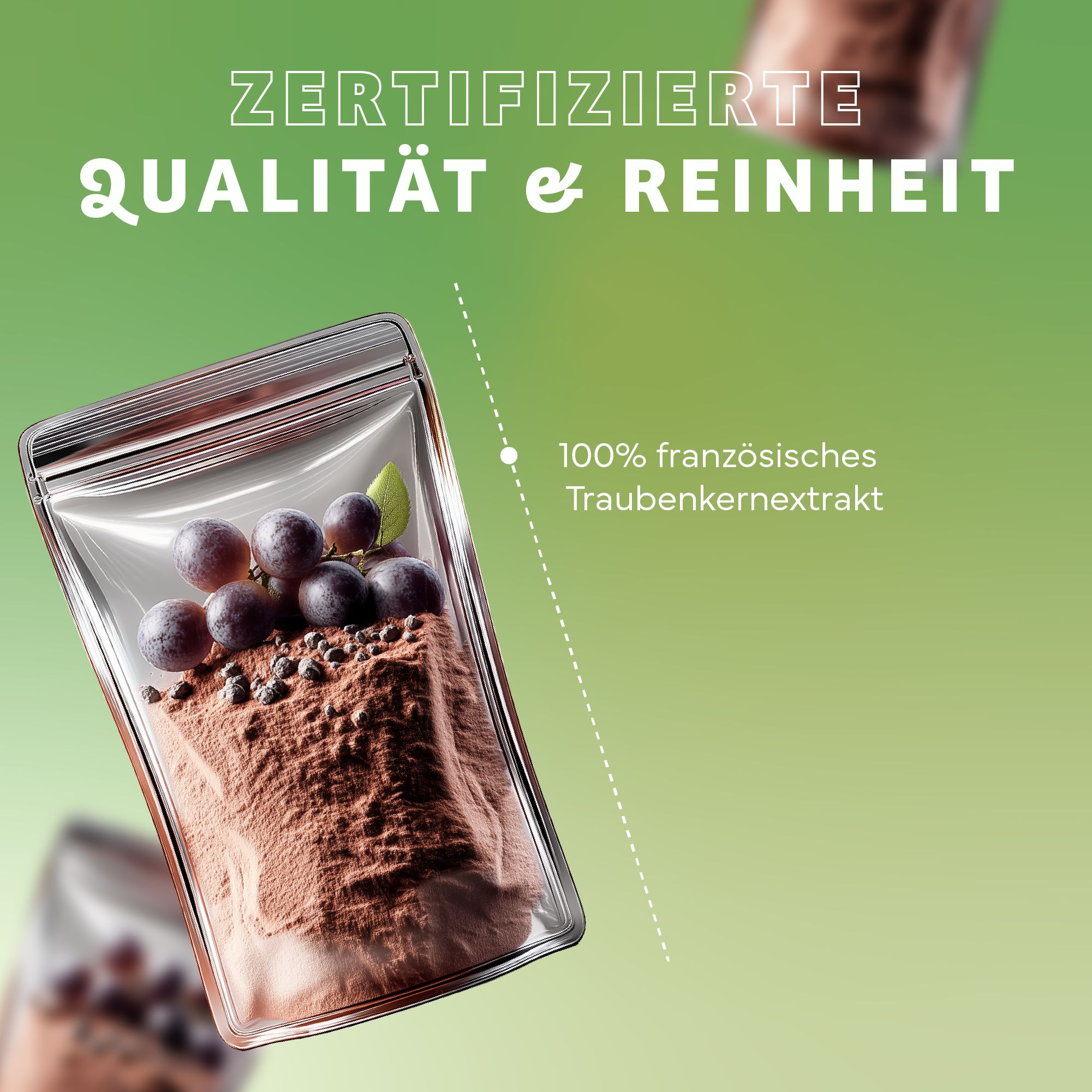 Transparenter Beutel mit Traubenkernextrakt und Trauben. Text: Zertifizierte Qualität & Reinheit, 100% französisches Traubenkernextrakt.