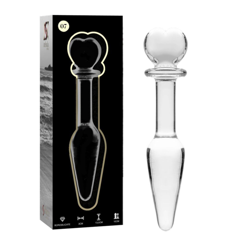 Glas-Analplug mit Herzgriff, 13,5cm lang, 3cm breit. Verpackung zeigt Produktmaße.