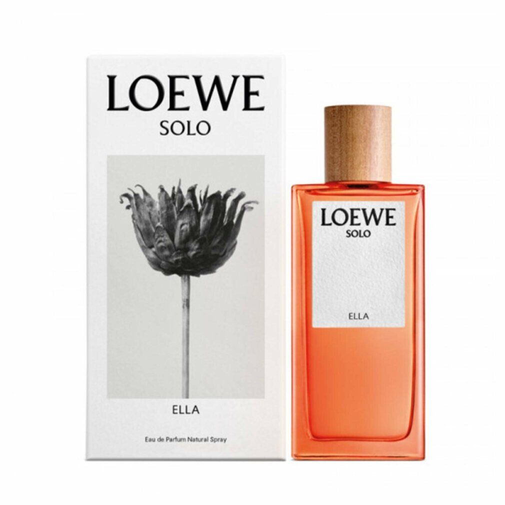 Orangefarbener Flakon neben einer weißen Schachtel mit floralem Motiv. Auf dem Flakon steht LOEWE SOLO ELLA.