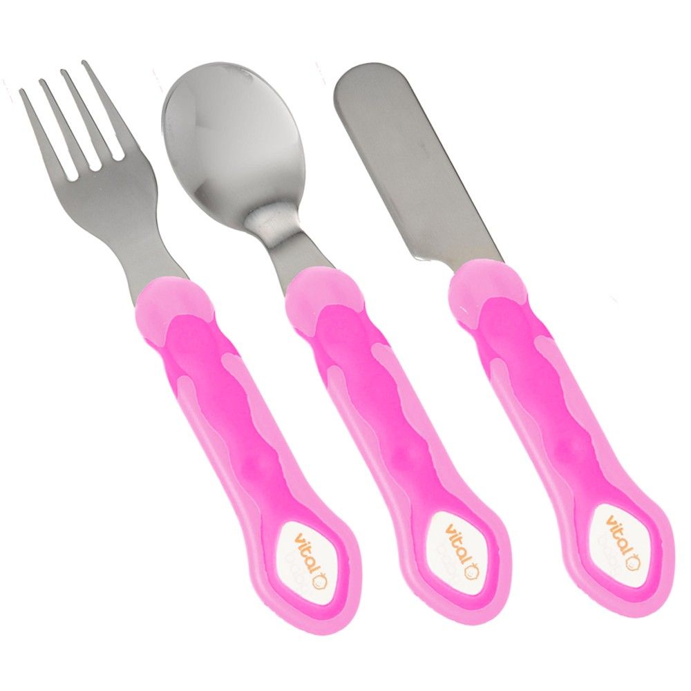 Kinderbesteck-Set mit Gabel, Löffel und Messer. Griffe pink, mit Logo. Metallteile silberfarben.