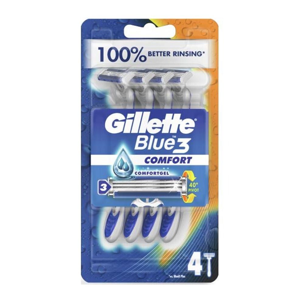 Gillette Blue 3 Comfort Einwegrasierer-Packung. Enthält vier Rasierer. Blaue und weiße Griffe, blaue Klingen.