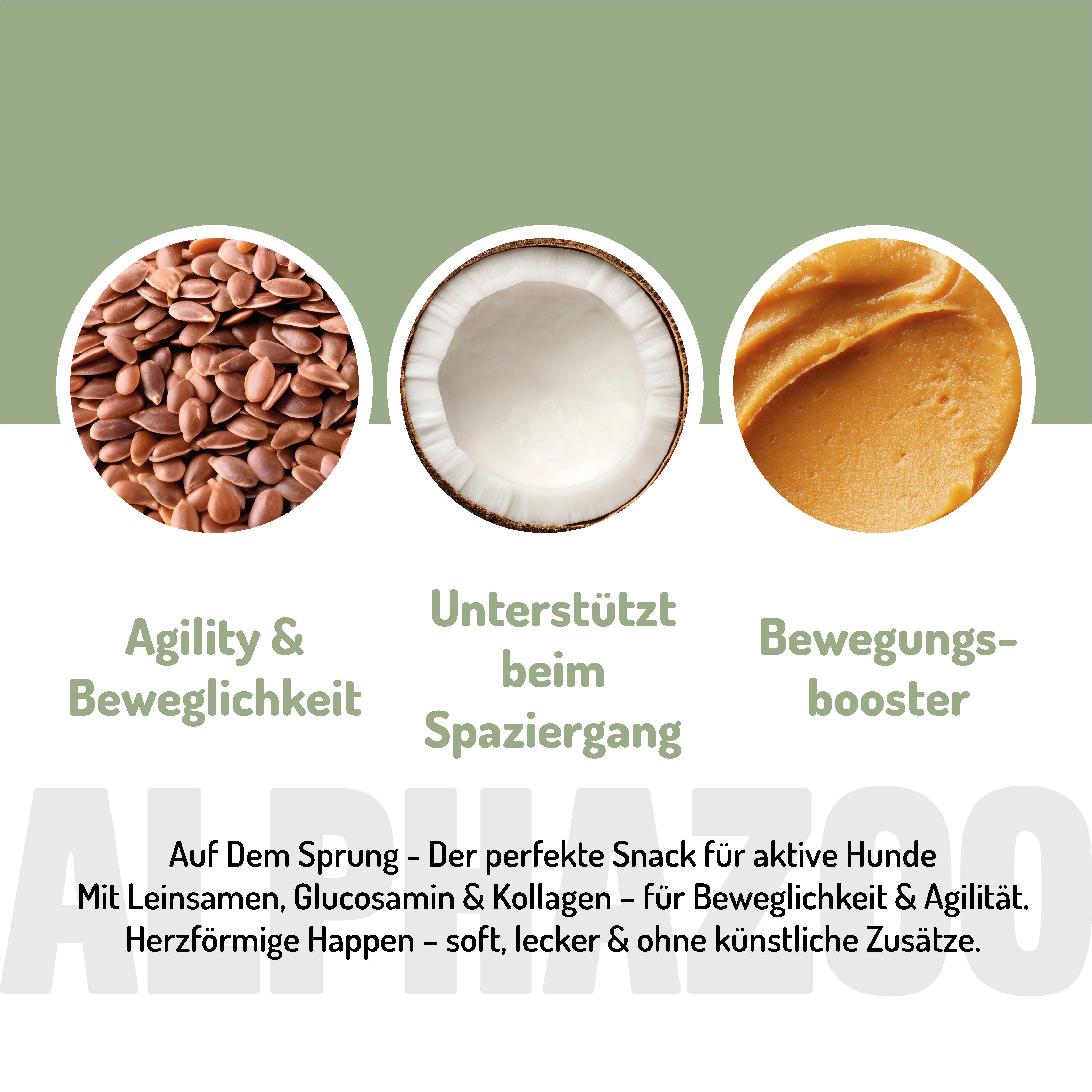 Nahaufnahme von Leinsamen, Kokosnuss und Erdnussbutter. Text: "Auf Dem Sprung - Der perfekte Snack".