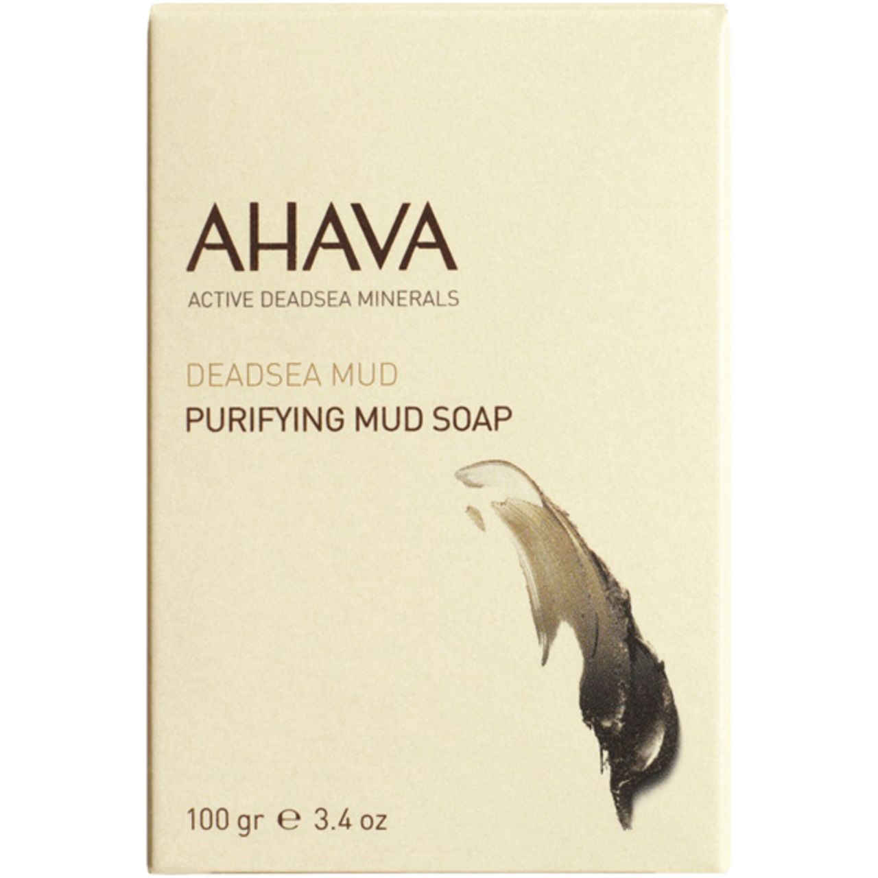 Verpackung mit AHAVA-Logo und DEADSEA MUD Purifying Mud Soap. Abbildung von Schlamm. Beige Hintergrund.