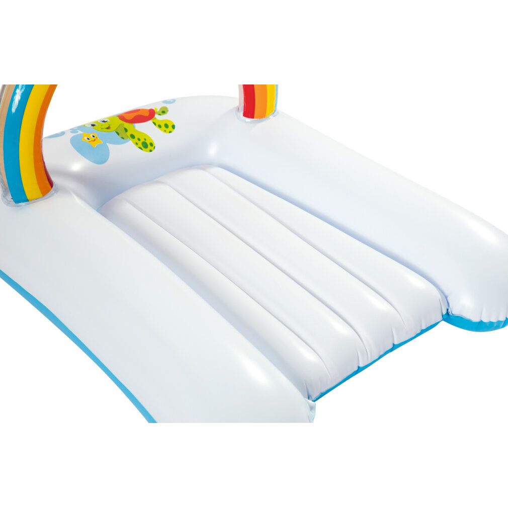 Aufblasbares weißes Produkt mit blauem Rand und Regenbogen-Elementen. Mit Tier-Illustrationen.