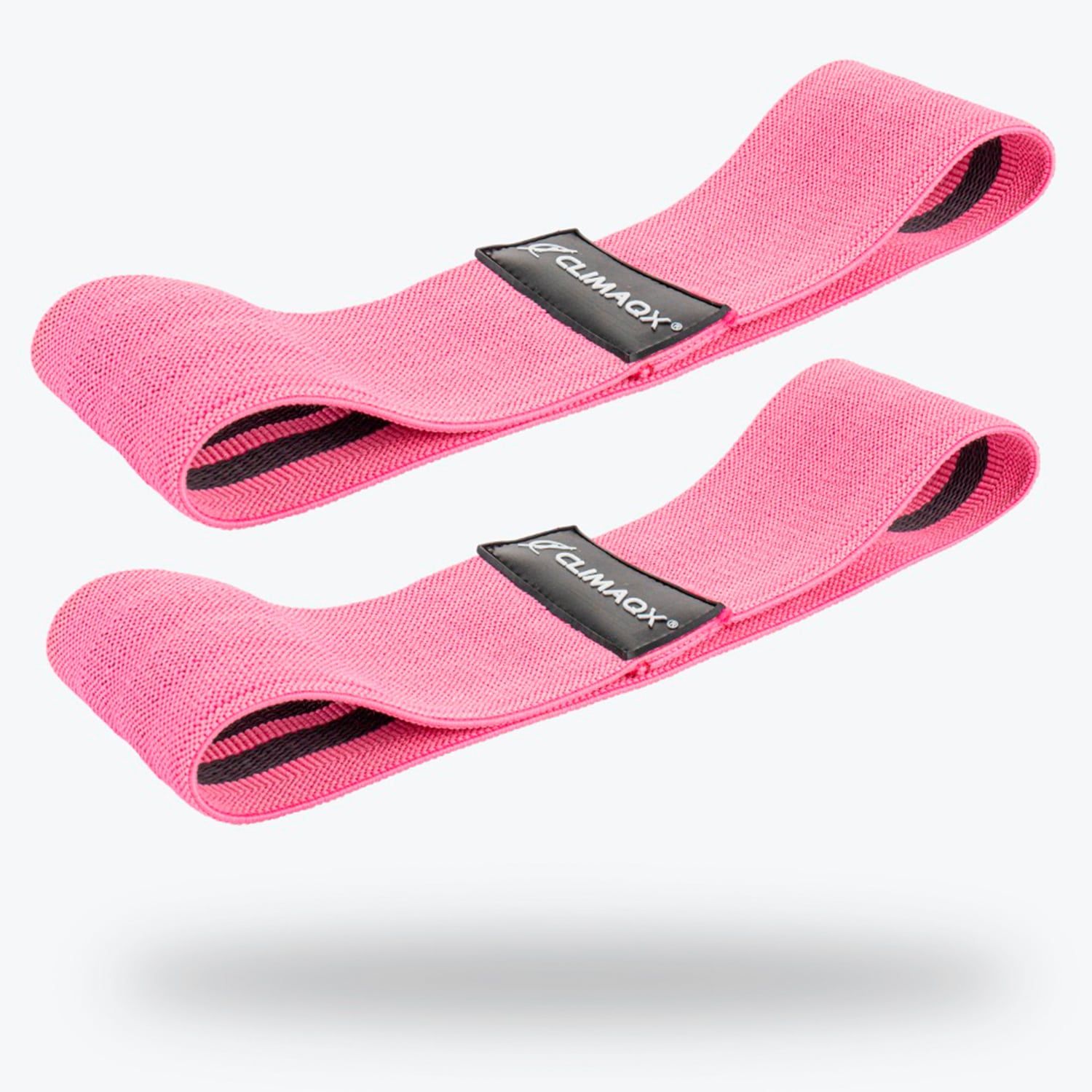 Zwei pinkfarbene CLIMAQX Booty Bands. Schwarzes Logo auf schwarzem Etikett. Elastisches Material.