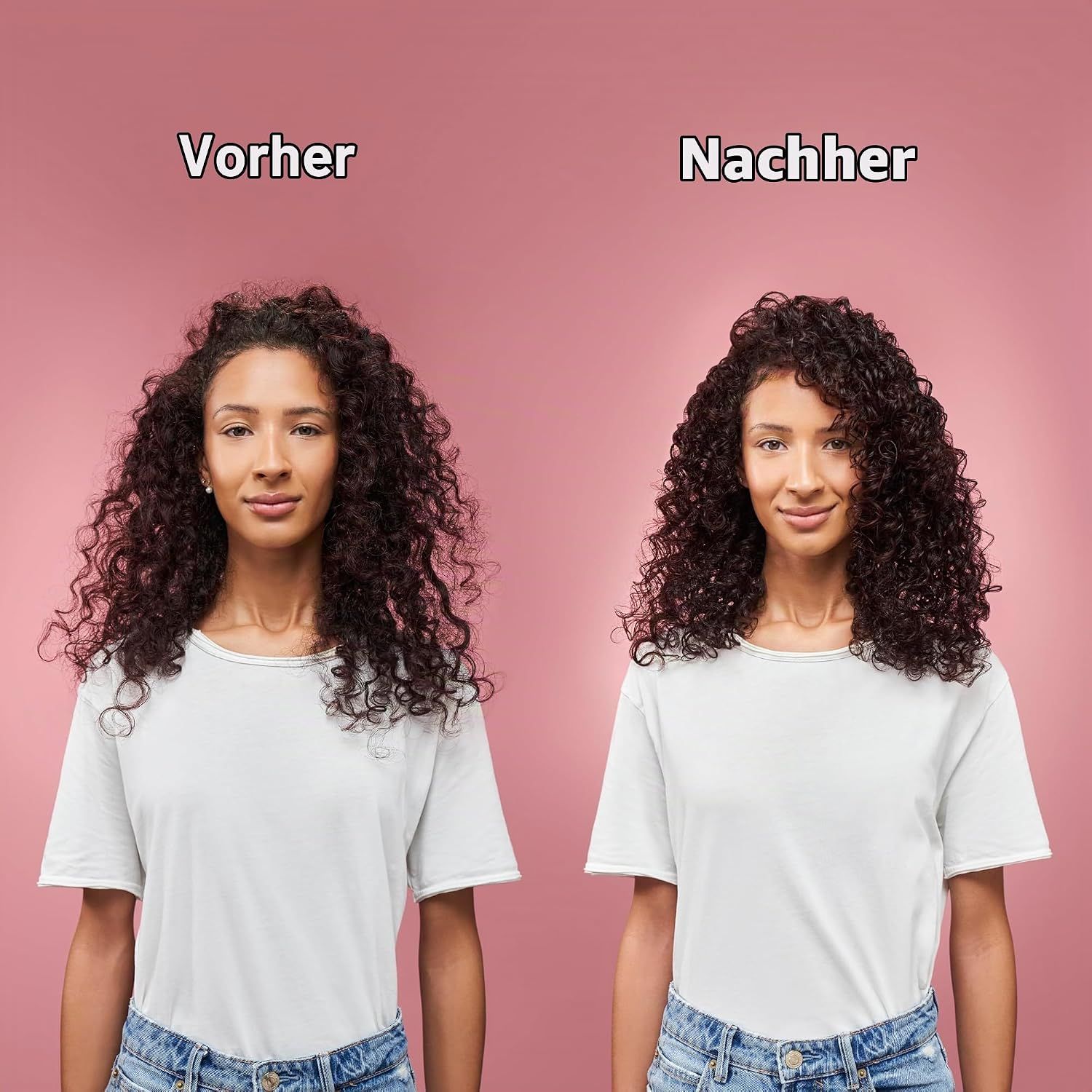 Vorher-Nachher-Vergleich von lockigem Haar, das geglättet wurde.