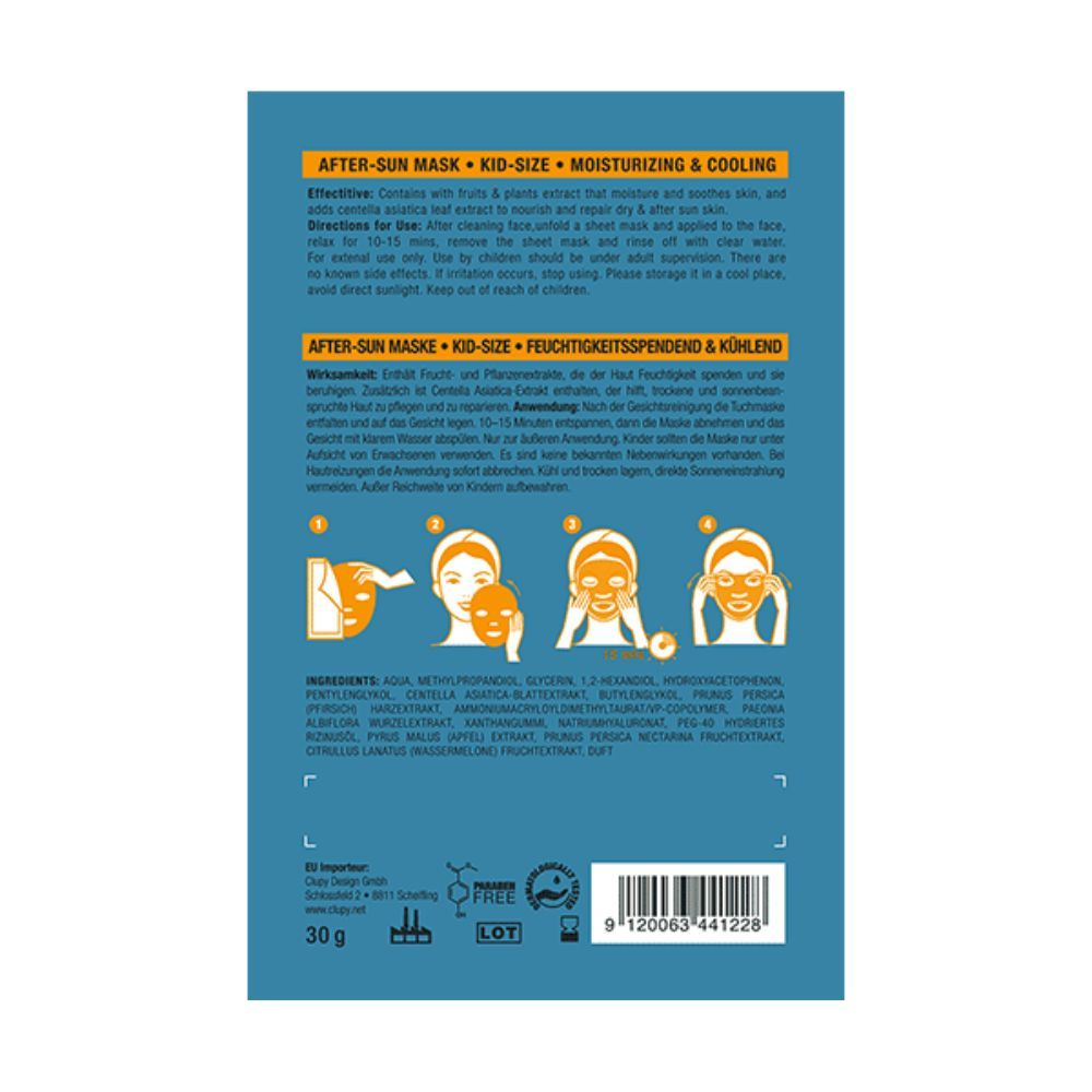 Rückseite der Clupy After-Sun Maske. Text: After-Sun Mask, Kid-Size, Feuchtigkeitsspendend & Kühlend. Inhaltsstoffe, Anwendungshinweise, Piktogramme.