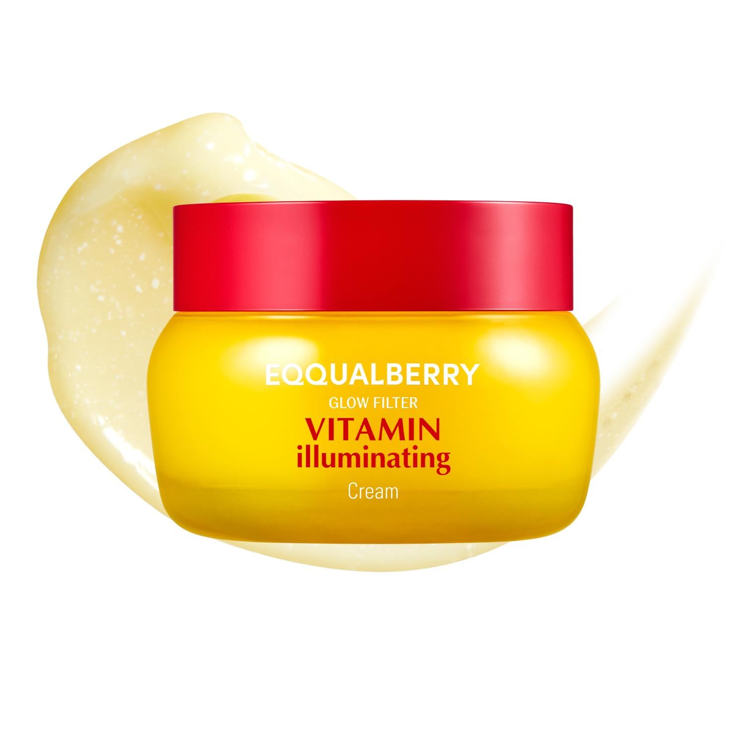 Gelber Tiegel mit rotem Deckel, EQQUALBERRY Vitamin Illuminating Cream.