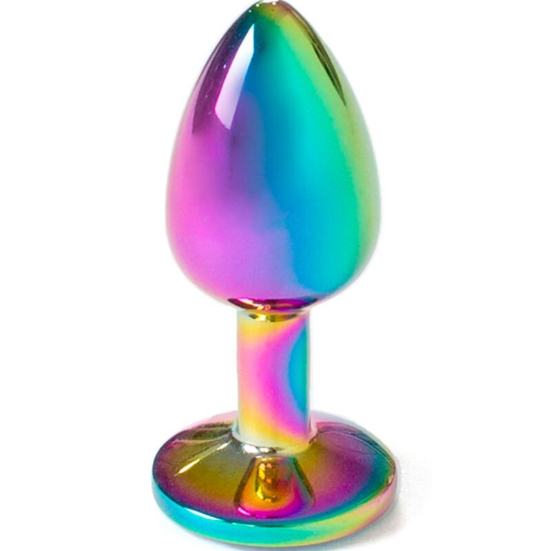 Regenbogenfarbener Metall-Butt Plug mit tropfenförmigem Kopf und runder Basis.