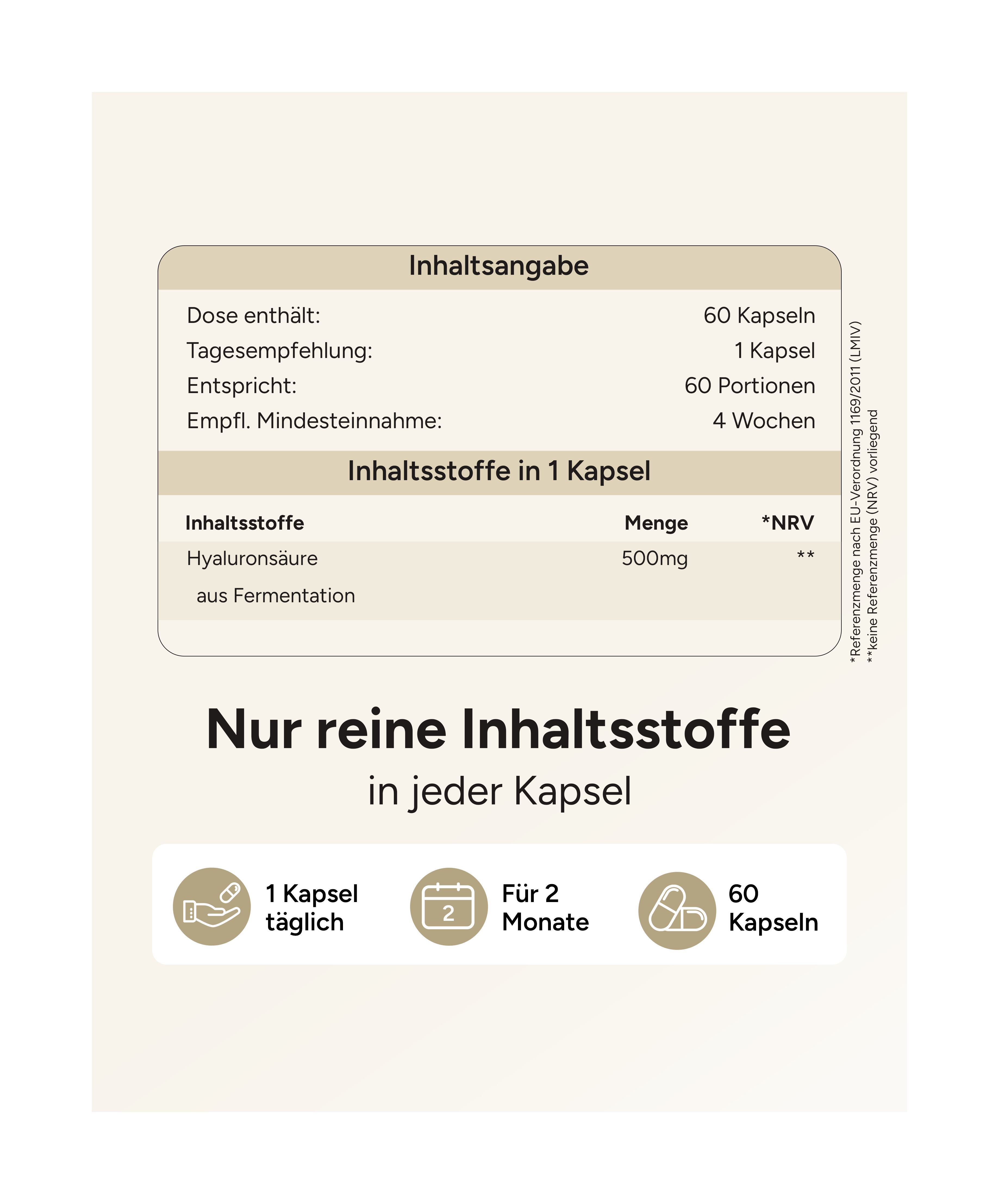 Tabelle mit Inhaltsangaben. Enthält: Hyaluronsäure 500mg. 60 Kapseln. 1 Kapsel täglich. Für 2 Monate.