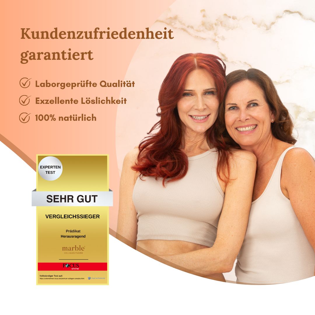 Zwei Frauen lächeln. Goldene Auszeichnung mit Text: Sehr Gut, Vergleichssieger. marble© Collagen Pro.