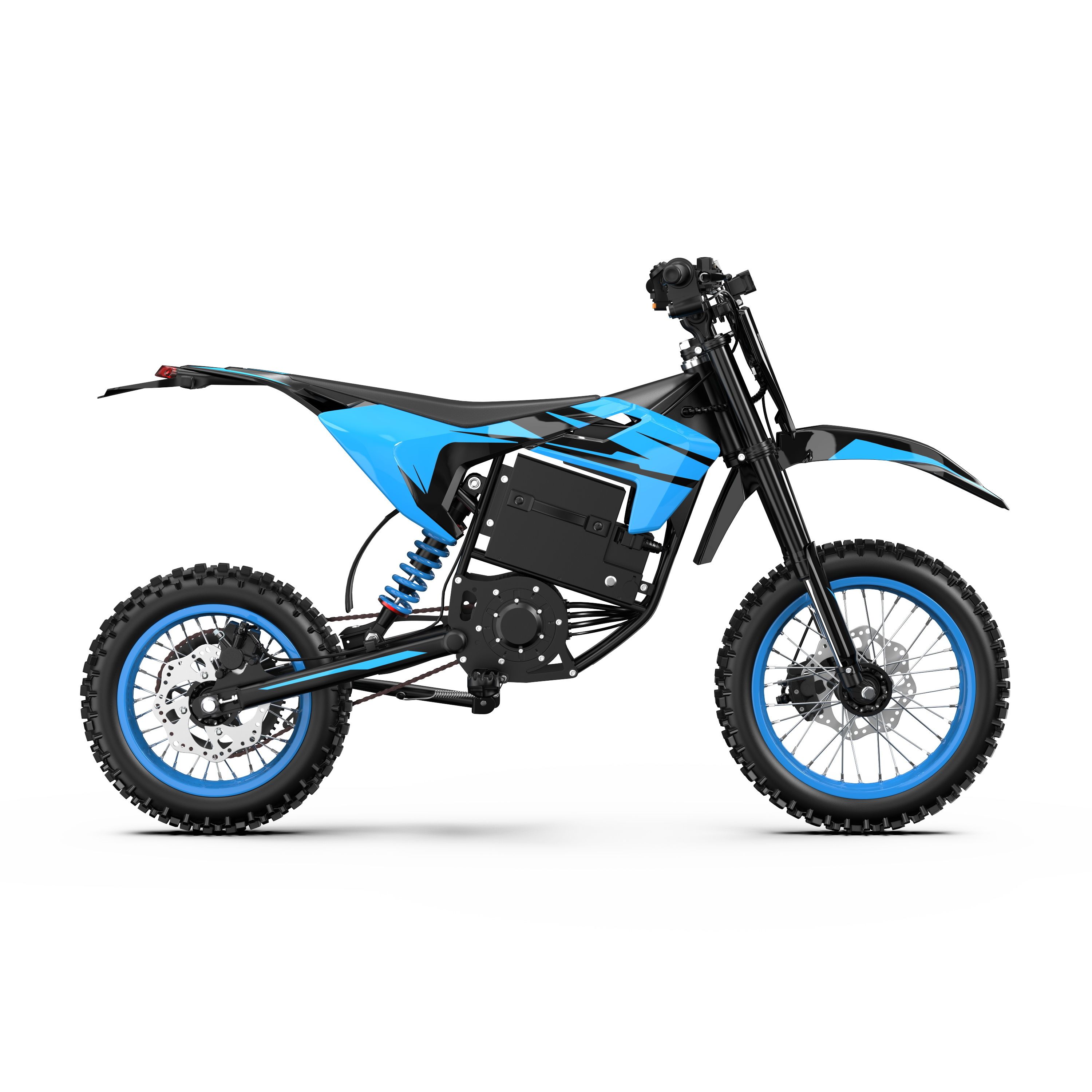 Elektro-Motocross-Motorrad, schwarz und blau. Blaue Felgen, schwarze Reifen. Marke "ZAWES" sichtbar.