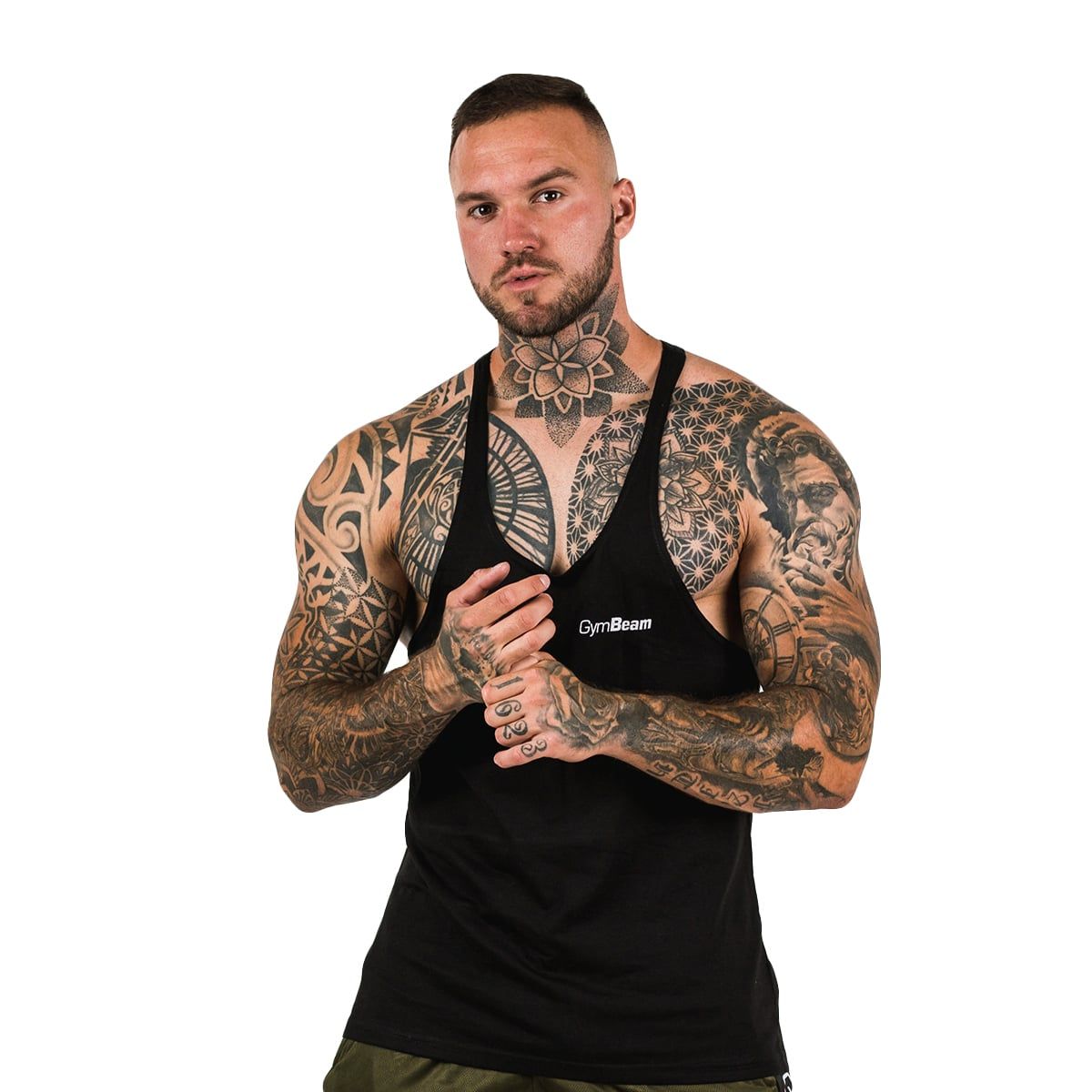 Schwarzes Stringer Tank Top für Männer, Regular Fit, aus Baumwolle und Polyester.
