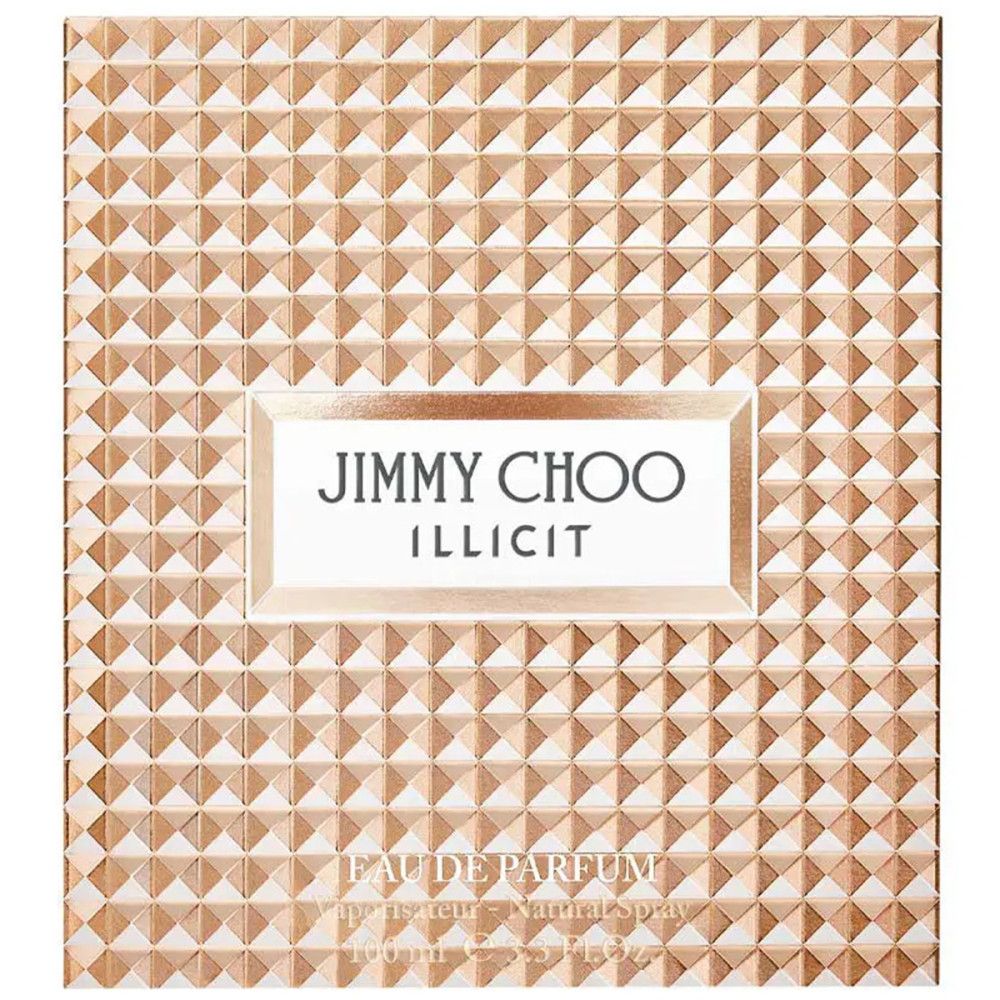 Goldfarbener Karton mit quadratischem Muster und dem Schriftzug "JIMMY CHOO ILLICIT".