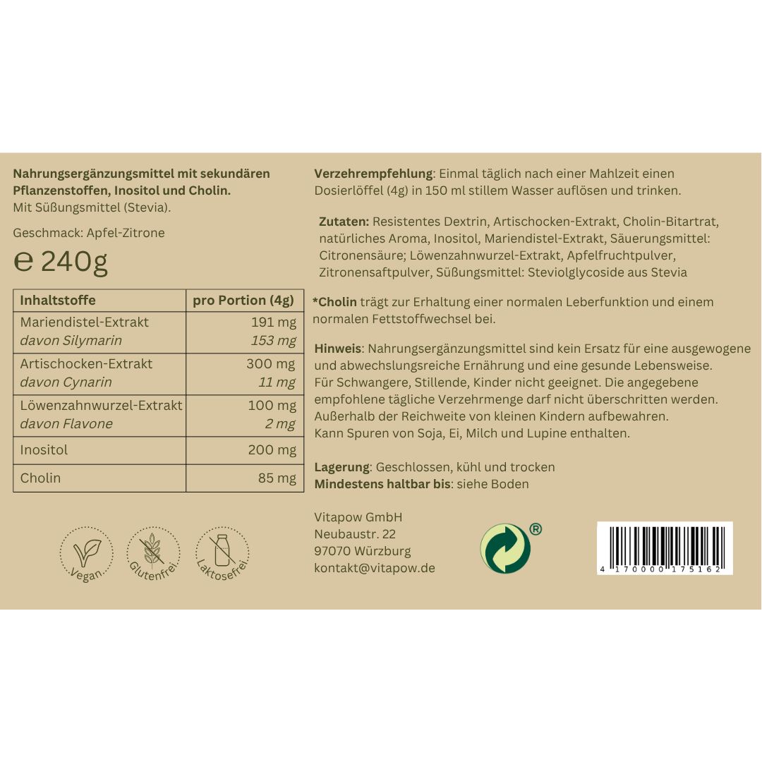 Rückseite der Verpackung. Text: Nahrungsergänzungsmittel mit Stevia. Inhaltsstoffe. Verzehrempfehlung. Mindestens haltbar bis. Vitapow Logo.