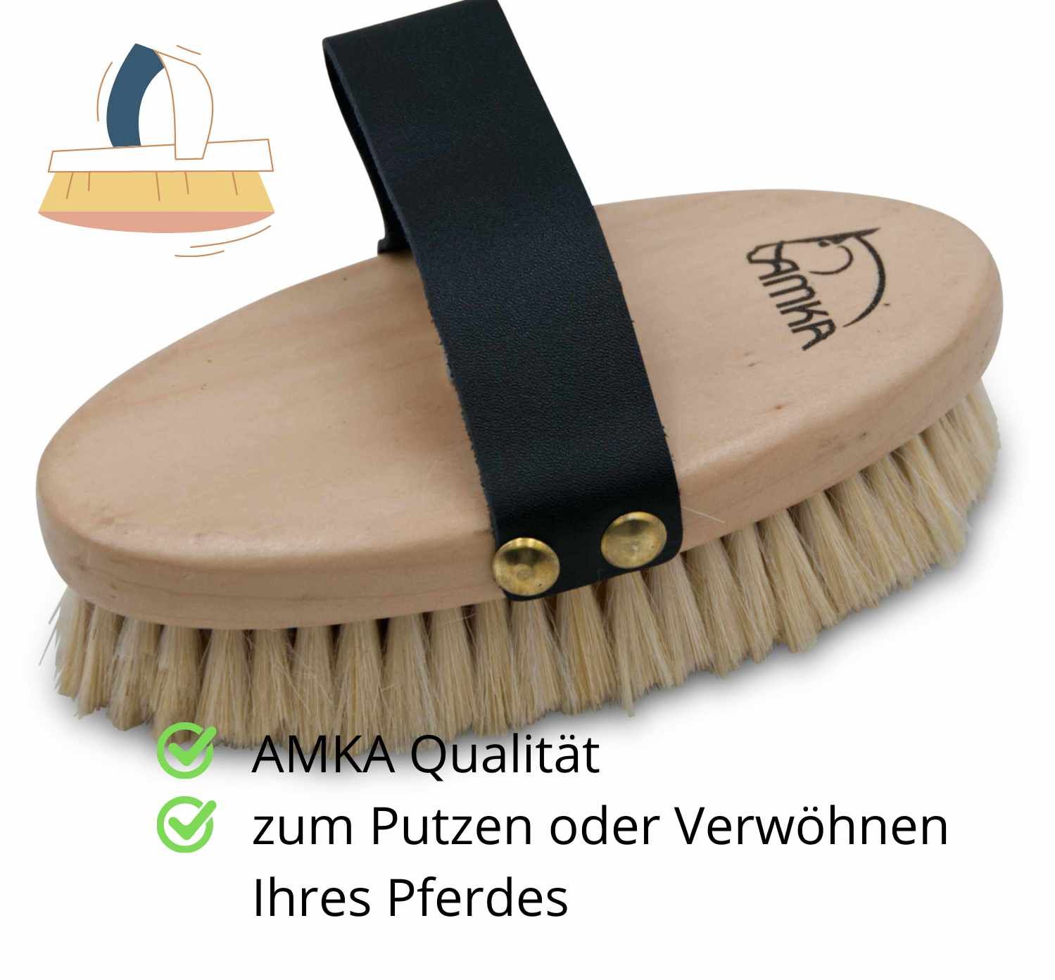 AMKA Classicbürste. Ovale Bürste mit hellen Borsten, Holzrücken und schwarzer Lederschlaufe. AMKA Logo.