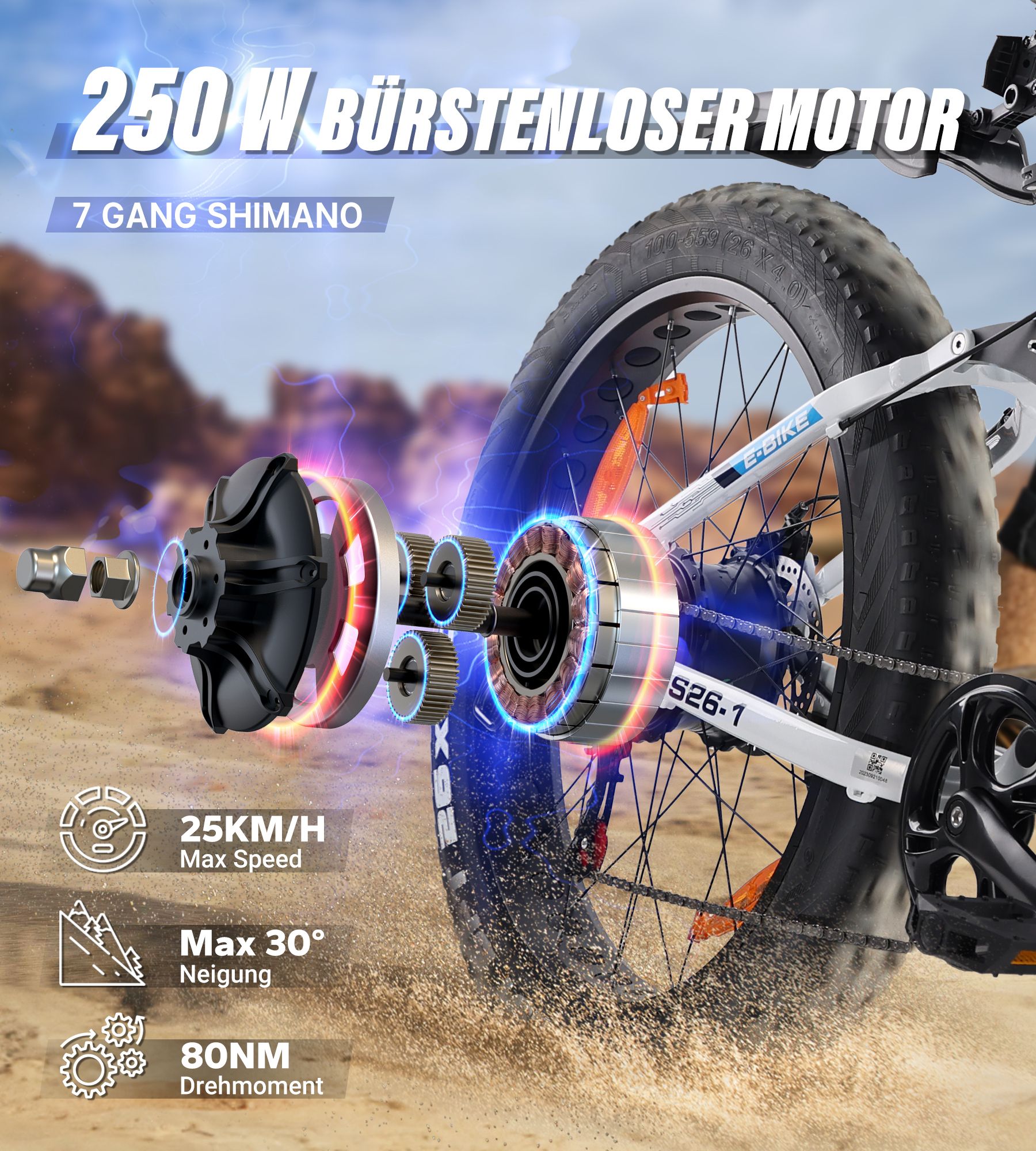 E-Bike-Motor mit 250W, 7-Gang Shimano, 25 km/h, max. 30° Neigung, 80NM Drehmoment. Details des Antriebs.