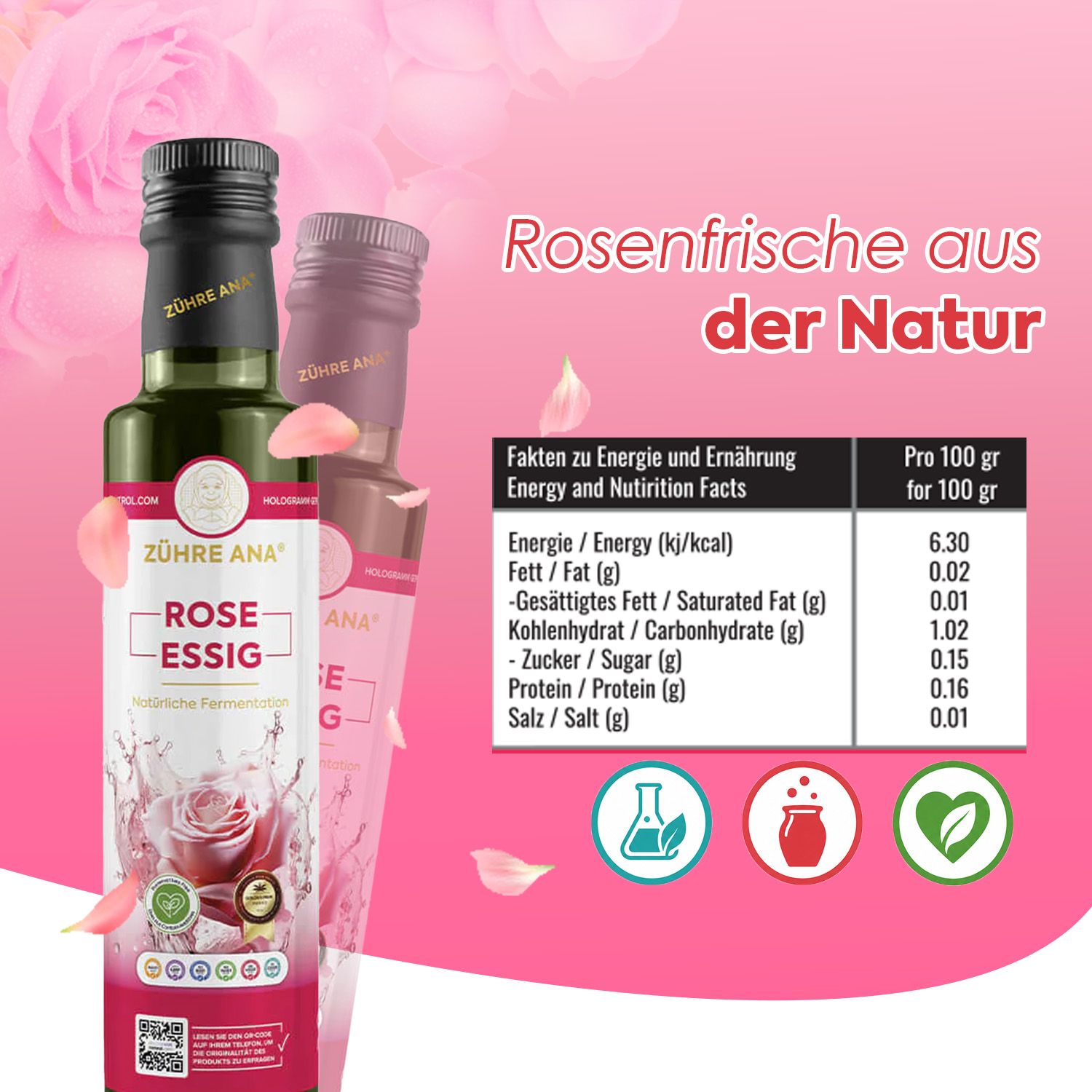 Flasche Rosenessig mit Nährwertangaben und Symbolen.