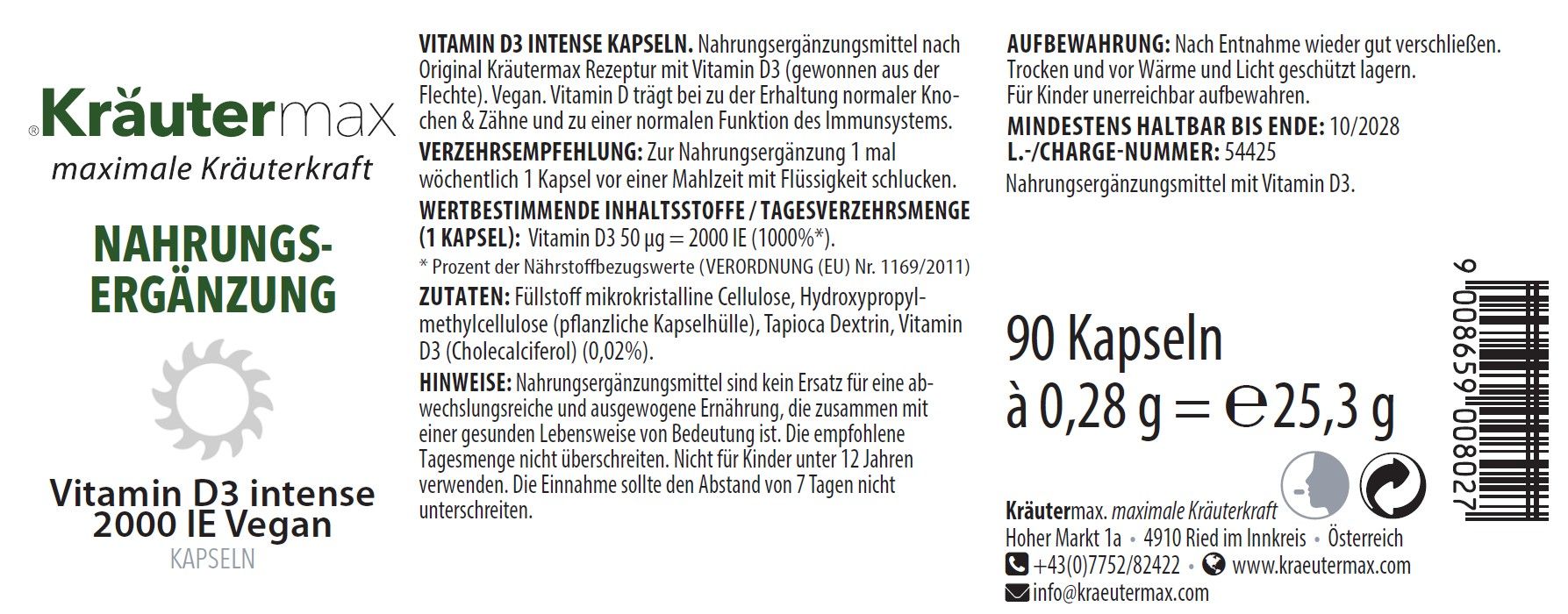 Etikett einer Vitamin D3 Kapsel Packung. Aufschrift: Kräutermax, Nahrungsergänzung, Vitamin D3 intense 2000 IE vegan. 90 Kapseln. Mindestens haltbar bis Ende 10/2028.