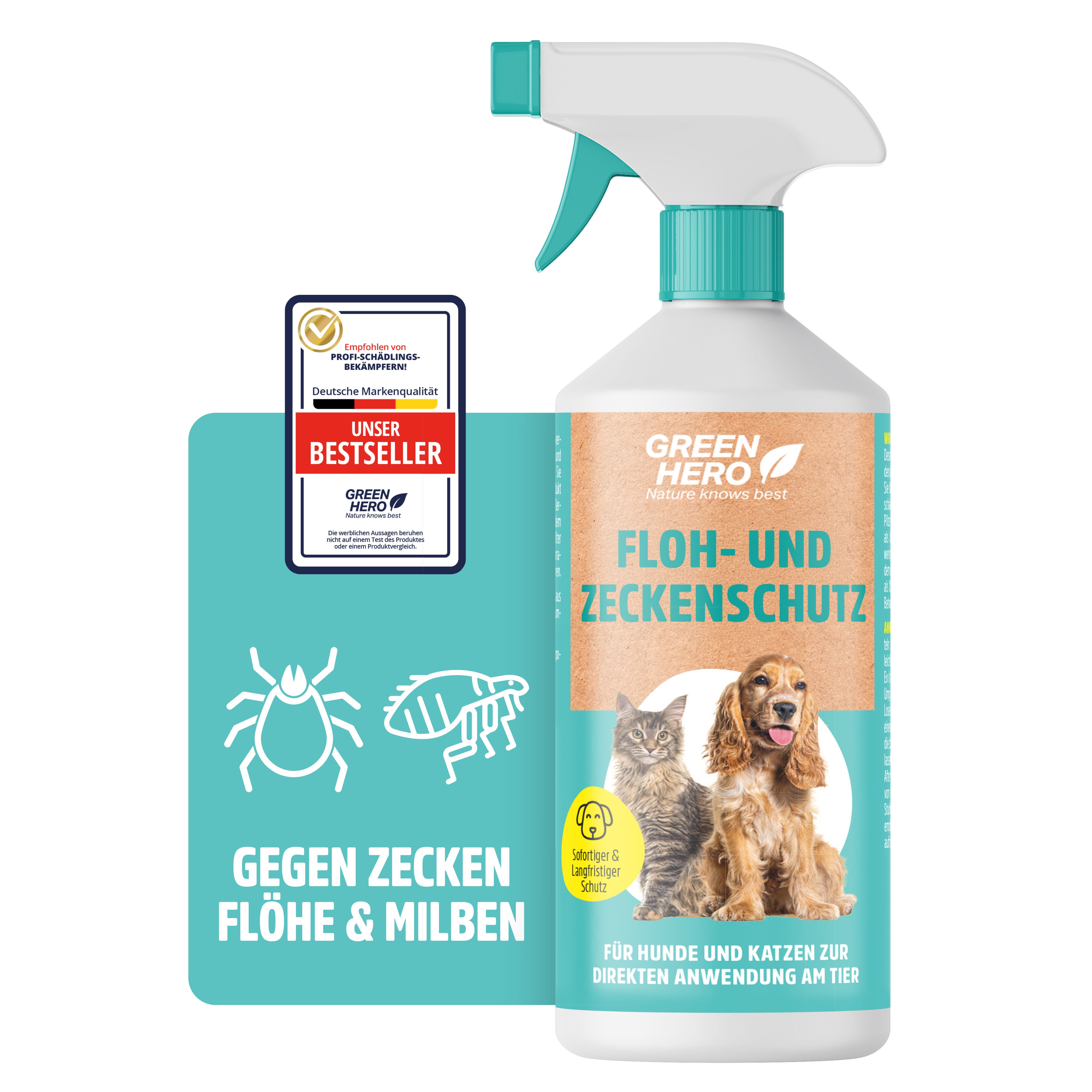Sprayflasche mit grünem Sprühkopf. Aufschrift: GreenHero Floh- und Zeckenschutz. Logo und Illustrationen. Auszeichnung.