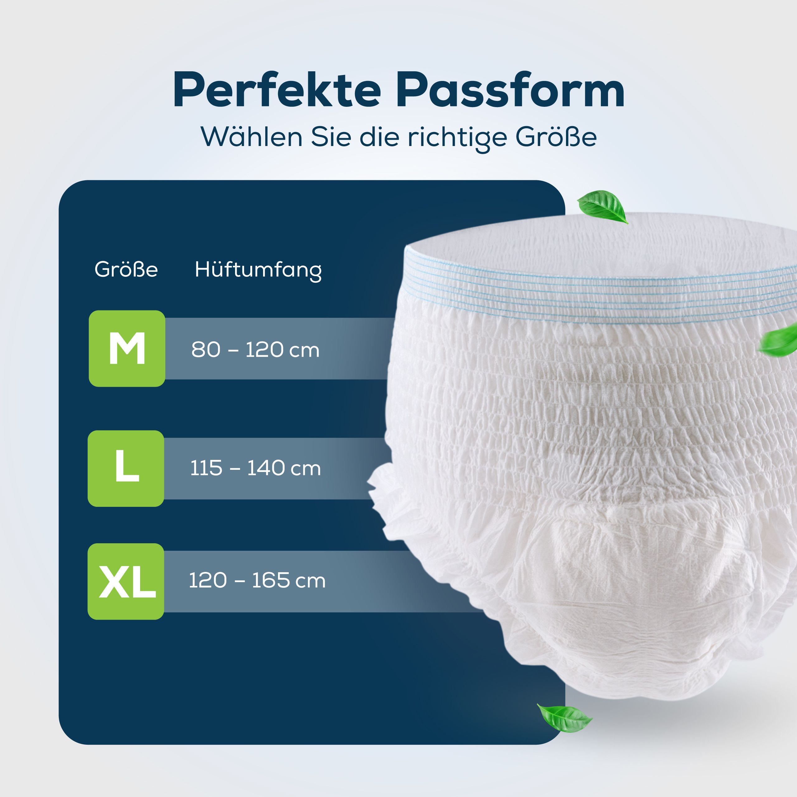 Größentabelle für Windelhosen. Größen M, L, XL. Hüftumfang in cm angegeben. Produktabbildung.