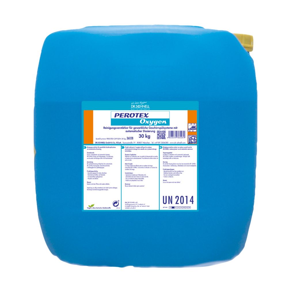Blauer, rechteckiger Kanister mit gelbem Deckel. Aufschrift PEROTEX Oxygen. 30 kg. UN 2014. Reinigungsverstärker für gewerbliche Spülmaschinen.