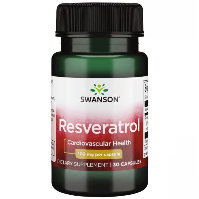 Grüne Flasche mit schwarzem Deckel. Aufschrift: SWANSON Resveratrol, 100 mg pro Kapsel. Nahrungsergänzungsmittel.