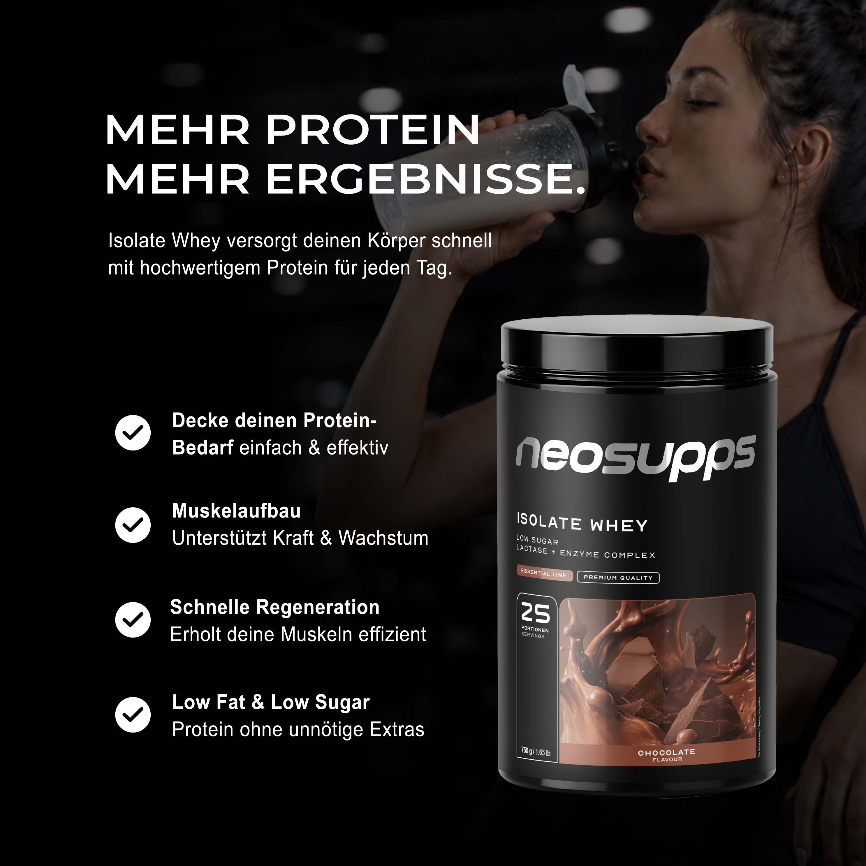 Neosupps Isolate Whey Protein Pulver Chocolate, 750g, Protein pro Portion
