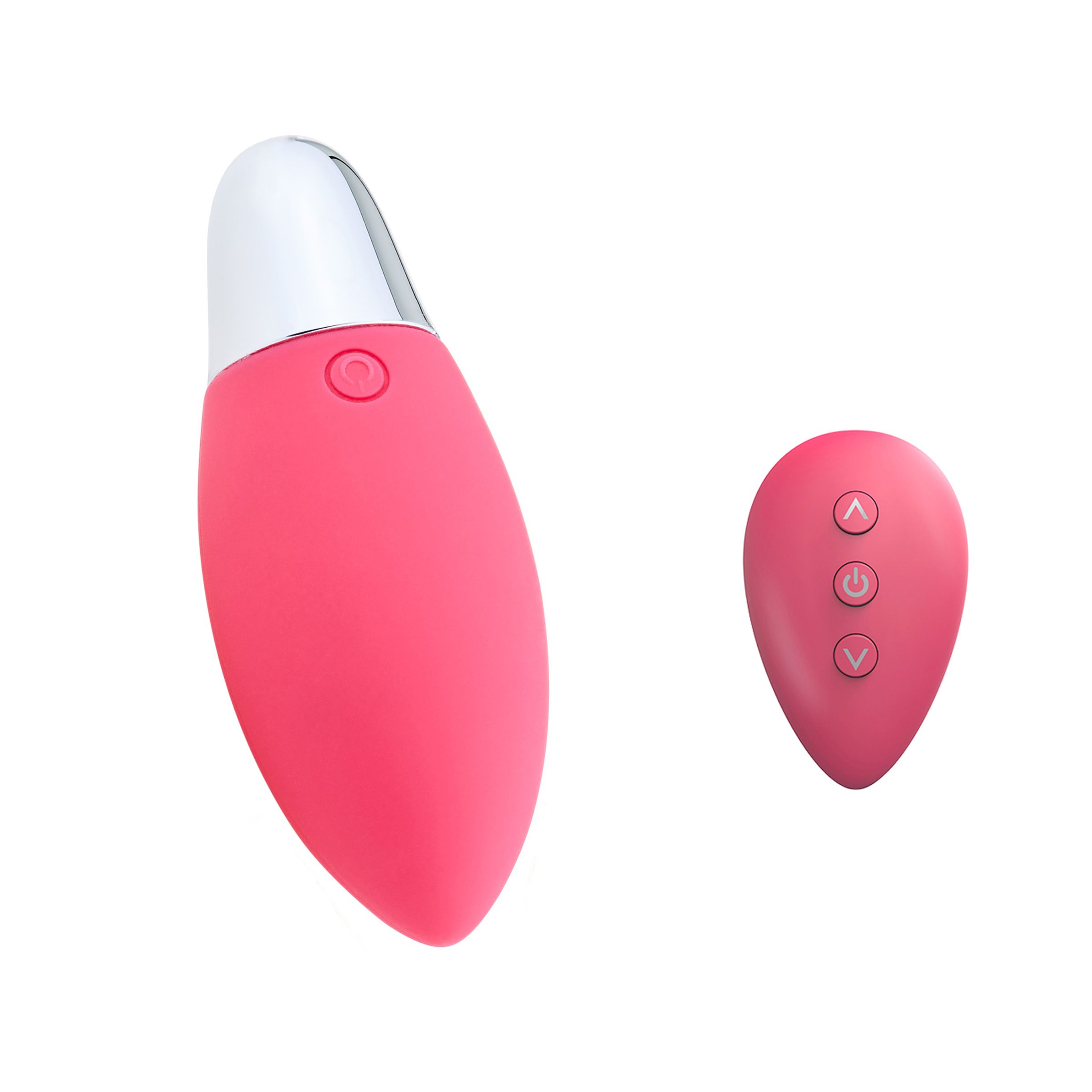 Rosa Vibrator mit silberner Spitze und separater Fernbedienung. Die Fernbedienung hat drei Tasten.