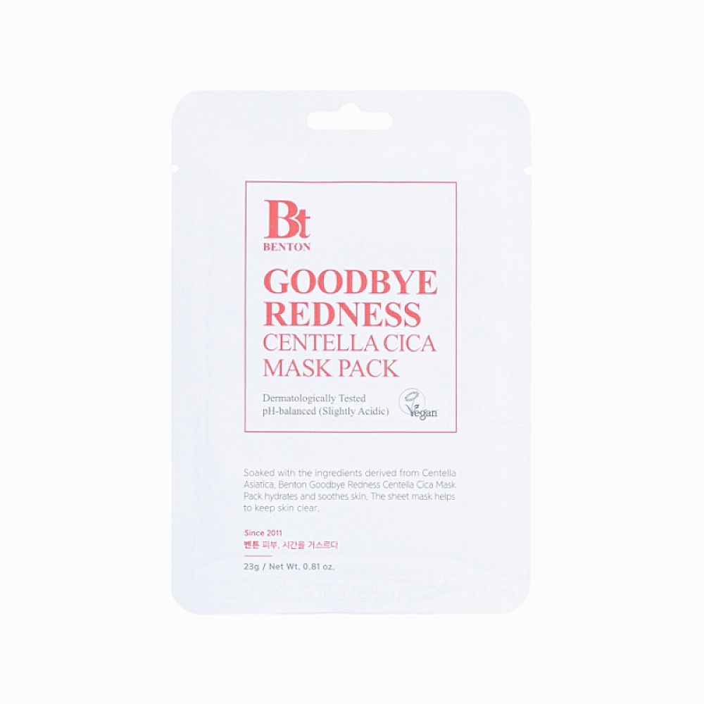Weiße Verpackung mit rotem Text: Goodbye Redness Centella Cica Mask Pack. Logo und Text.