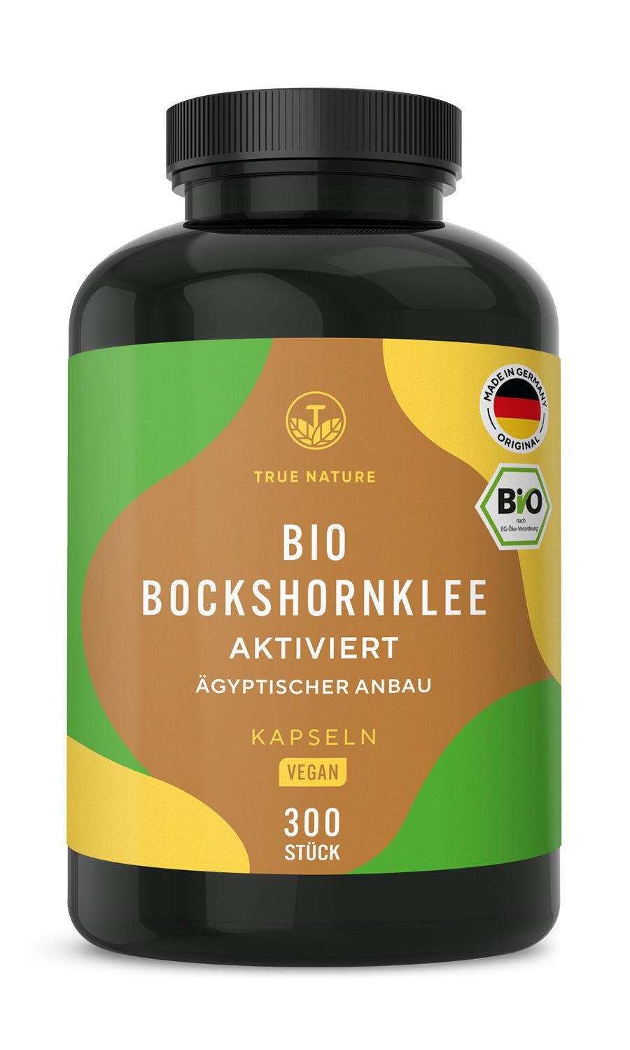 Braune Kapseln in einer schwarzen Flasche. Aufschrift: BIO Bockshornklee, aktiviert, vegan, 300 Stück. Mit Bio-Siegel.