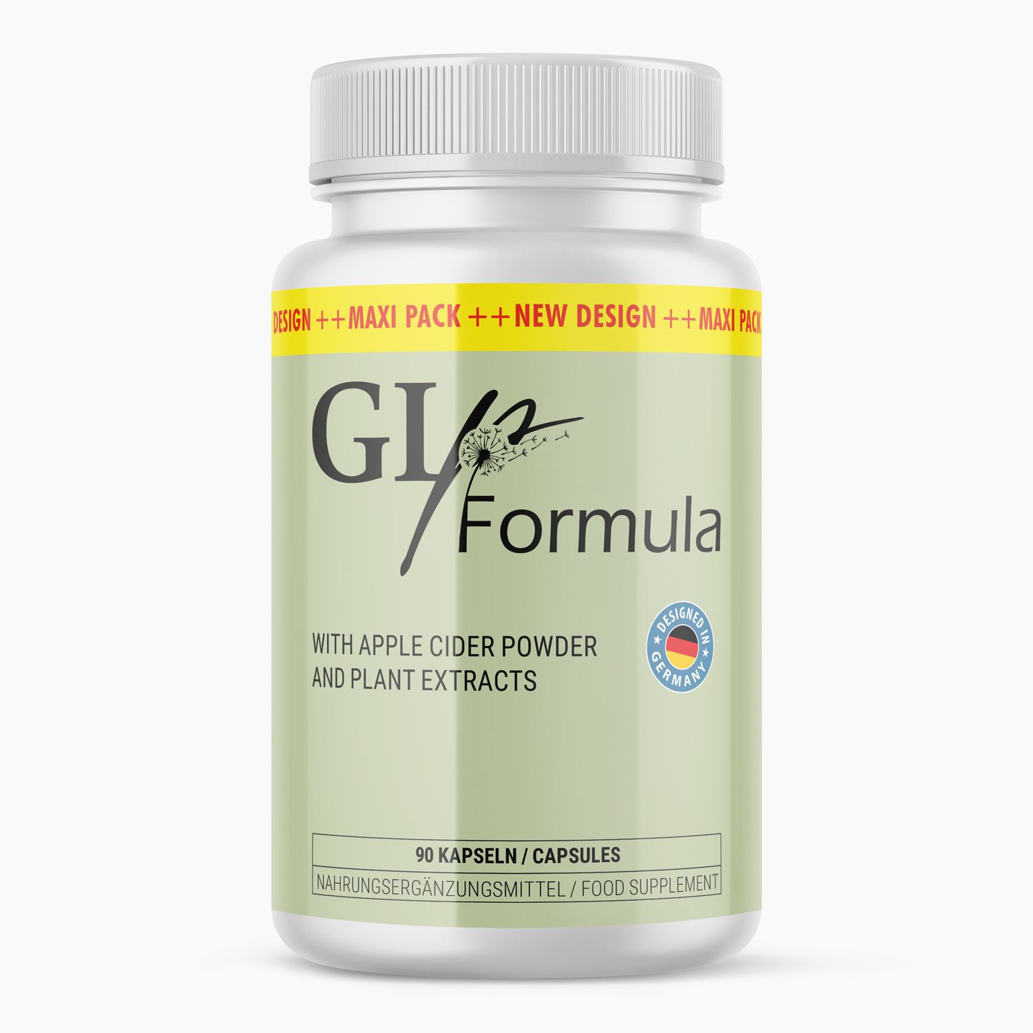 Weißes Pillenbehälter mit GLp Formula Aufschrift, 90 Kapseln, mit Apfelessigpulver und Pflanzenextrakten. Hergestellt in Deutschland.