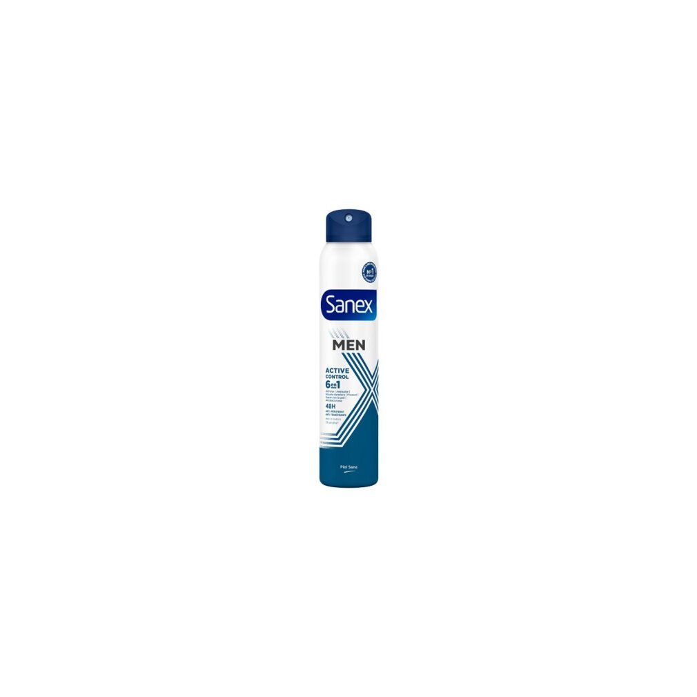 Sanex Men Active Control Deodorant Spray. Weißes Spray mit blauem Deckel. Produktname und Logo deutlich sichtbar.