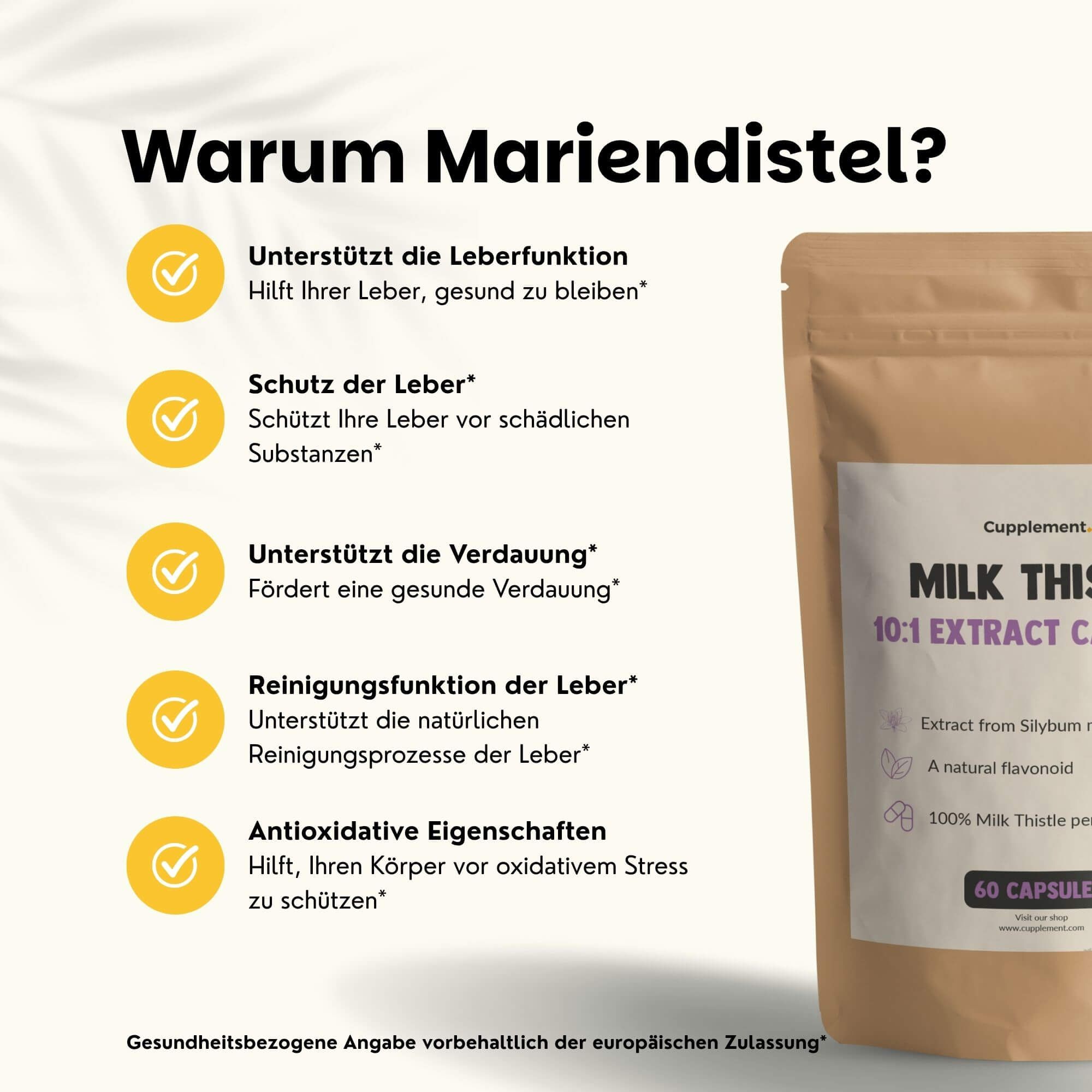 Beutel mit Kapseln. Text: Warum Mariendistel? Unterstützt Leberfunktion, Verdauung, Schutz, Reinigung, antioxidativ.
