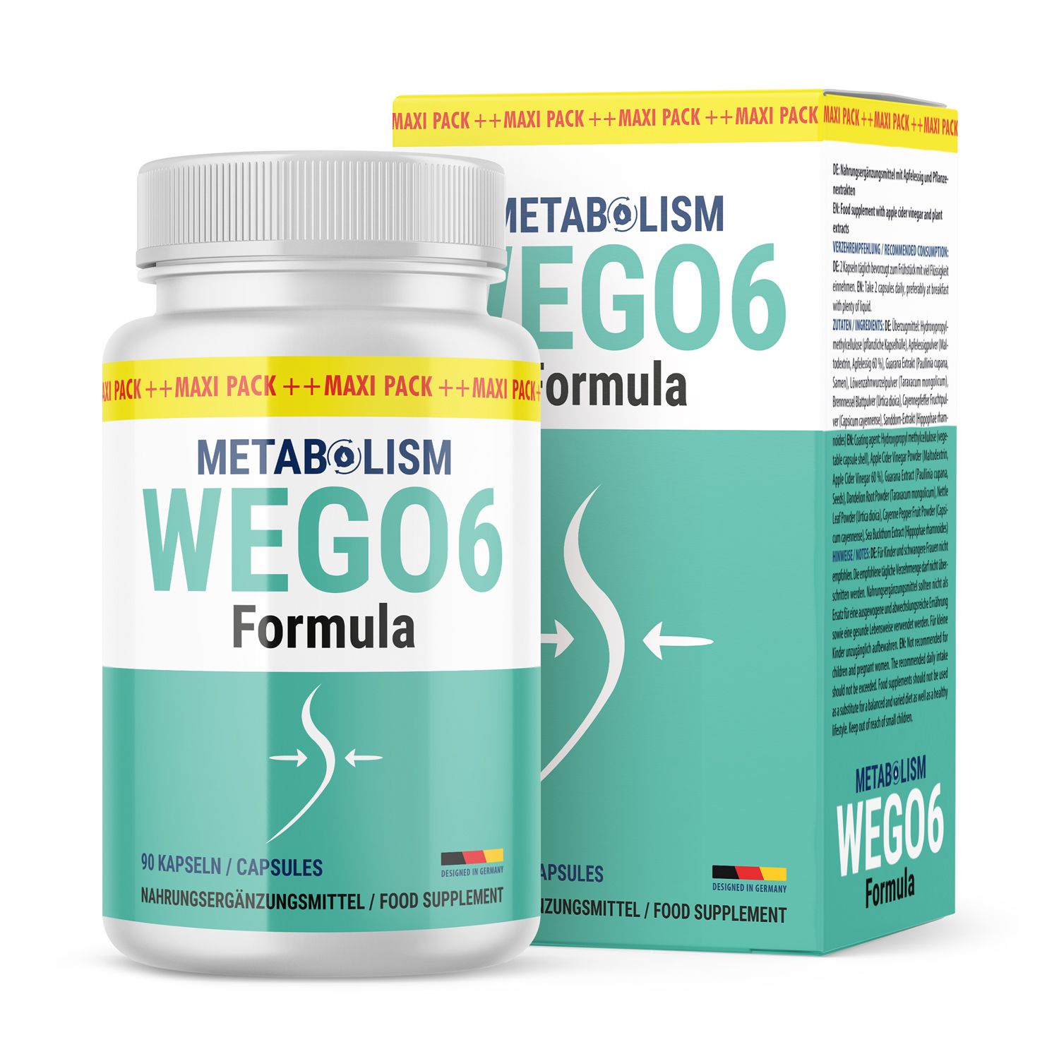 Weißes Pillenbehälter mit blau-grüner Etikettierung. Aufschrift: METABOLISM WEGO6 Formula. Kartonverpackung mit Produktinformationen.