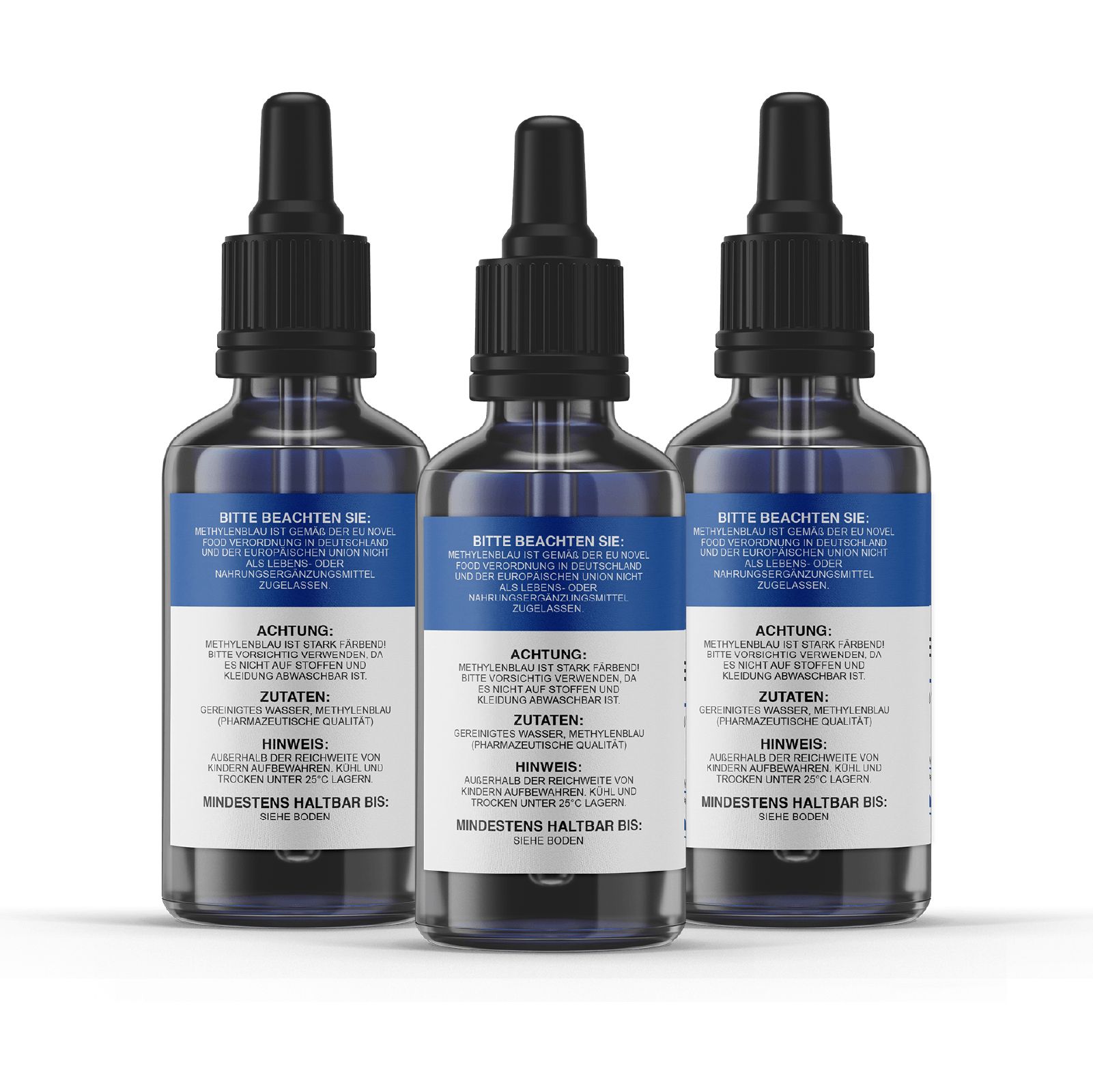 Drei Flaschen mit blauer Flüssigkeit und schwarzen Tropfern. Auf den Etiketten stehen Warnhinweise und Inhaltsstoffe.