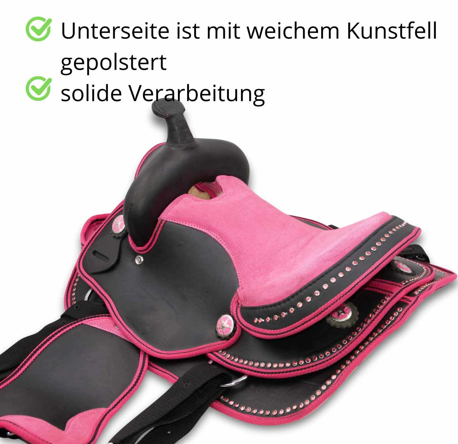 Pinkfarbener und schwarzer Westernsattel für Pony/Shetty. Unterseite mit Kunstfell gepolstert. Text: Unterseite ist mit weichem Kunstfell gepolstert, solide Verarbeitung.